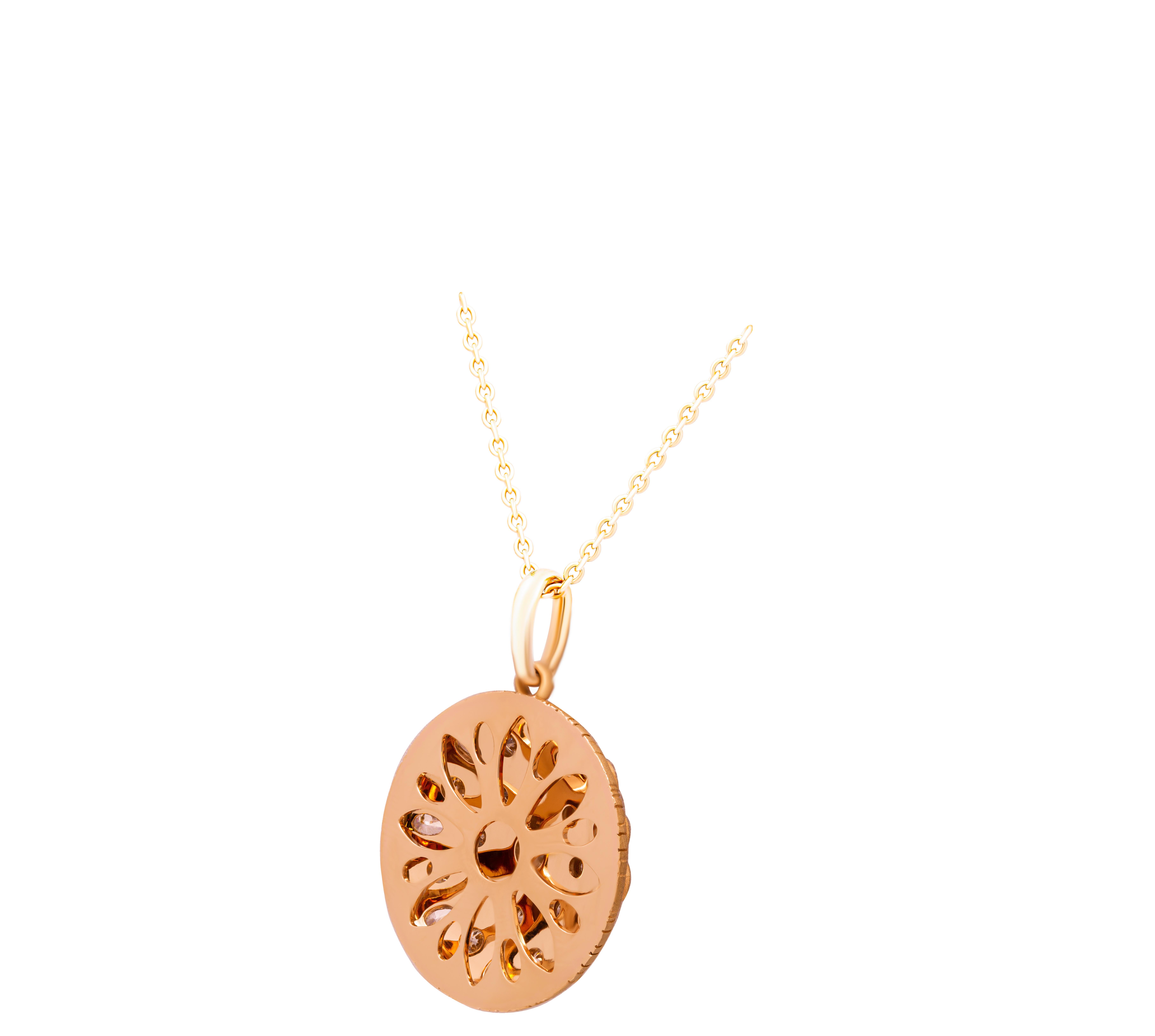 Round Cut 18K Rose Gold and Diamond Medallion Pendant For Sale
