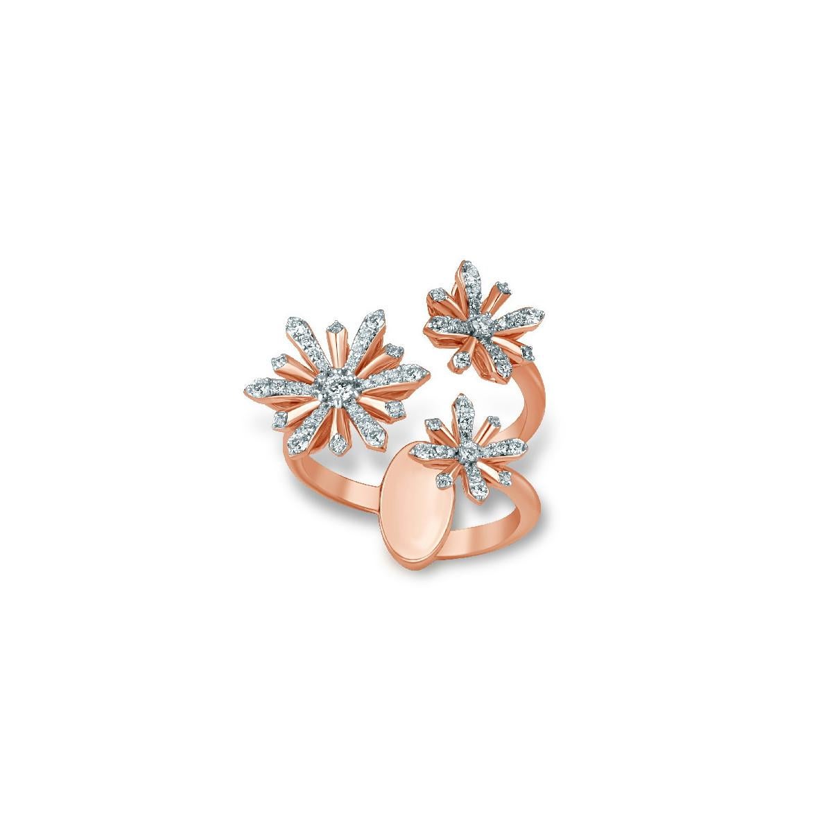 Edelweiss collection...
Option of yellow or white gold.
Pieces make to order in finish and size
18k Rose gold and diamond ring with three flowers
weighing 7,56 g and 65 diamonds 0.48 ct

The Alpine 