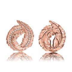 18K Textured Rose Gold and Diamonds Leaf Earrings