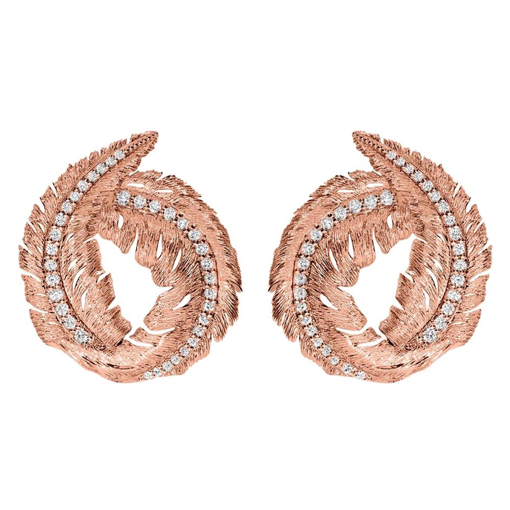 18K Textured Rose Gold and Diamonds Leaf Earrings
