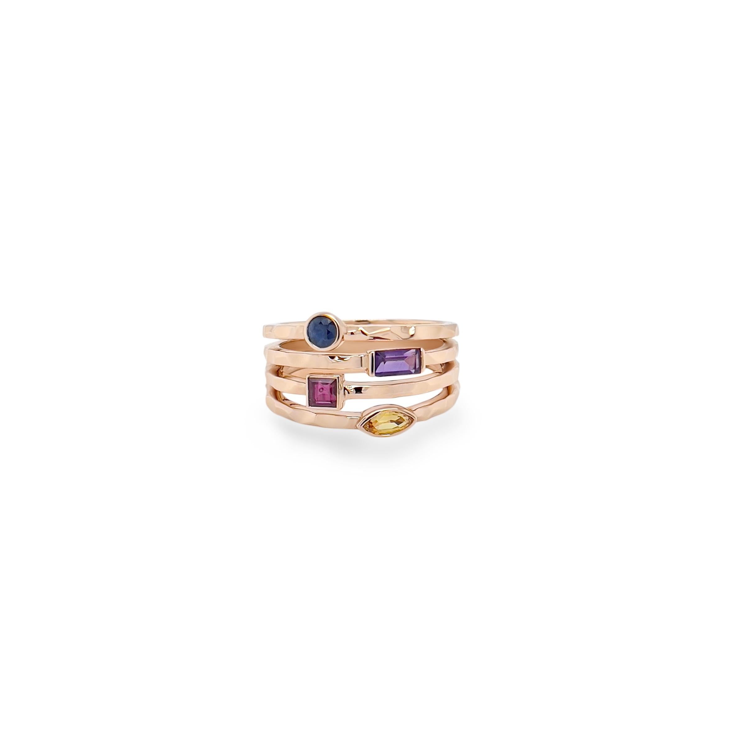 This stunning and luxurious ring has the illusion of a stacking ring. Made out of the finest 18k rose gold and accentuated with mix color and various shaped colored gems. The carefully selected vibrant colored stones can be customized to your