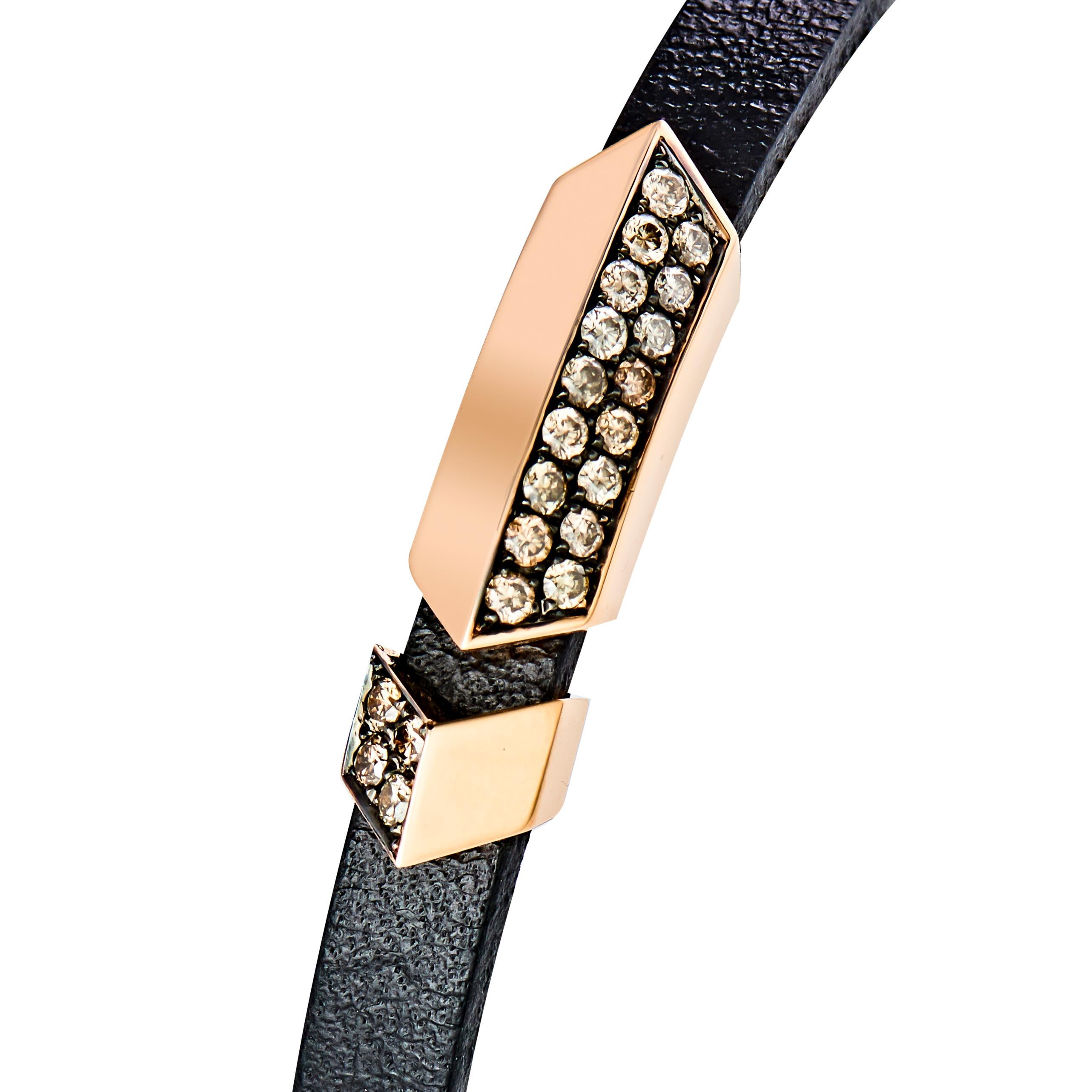 Round Cut 18 Karat Rose Gold and Rubber Brown Diamond Thorax Leather Bracelet For Sale