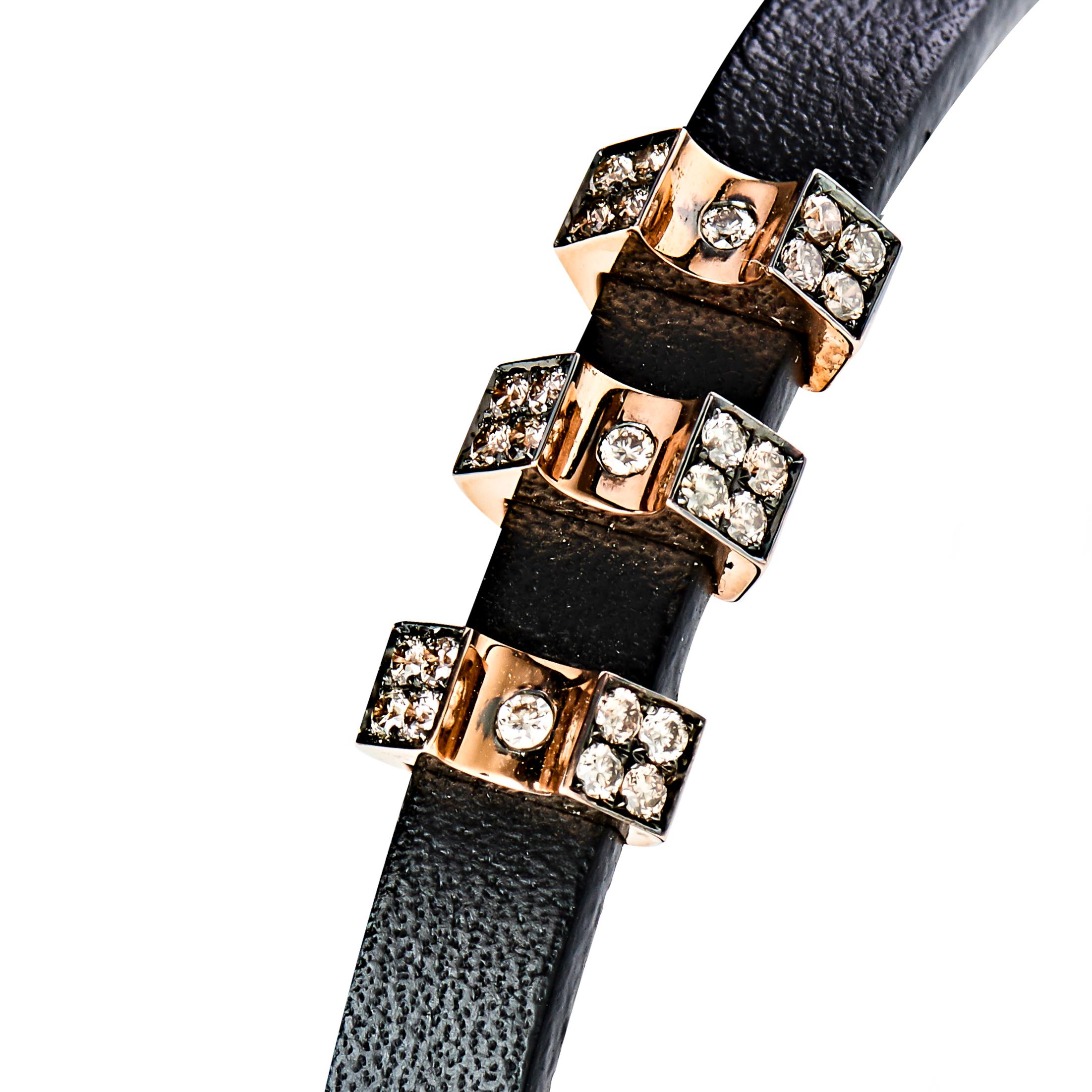 Modern 18 Karat Rose Gold and Rubber Brown Diamond Thorax Leather Men's Bracelet For Sale