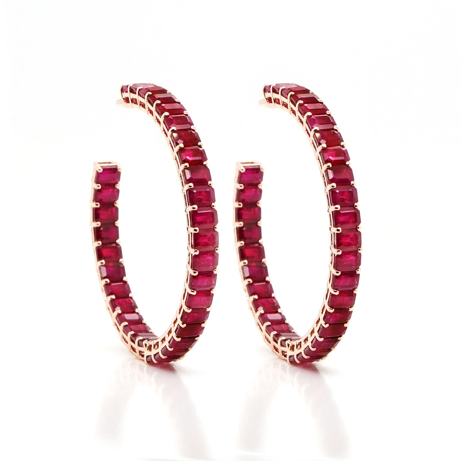 Octagon Cut 18K Rose Gold And Ruby Loop Earrings 22.70 ct. For Sale