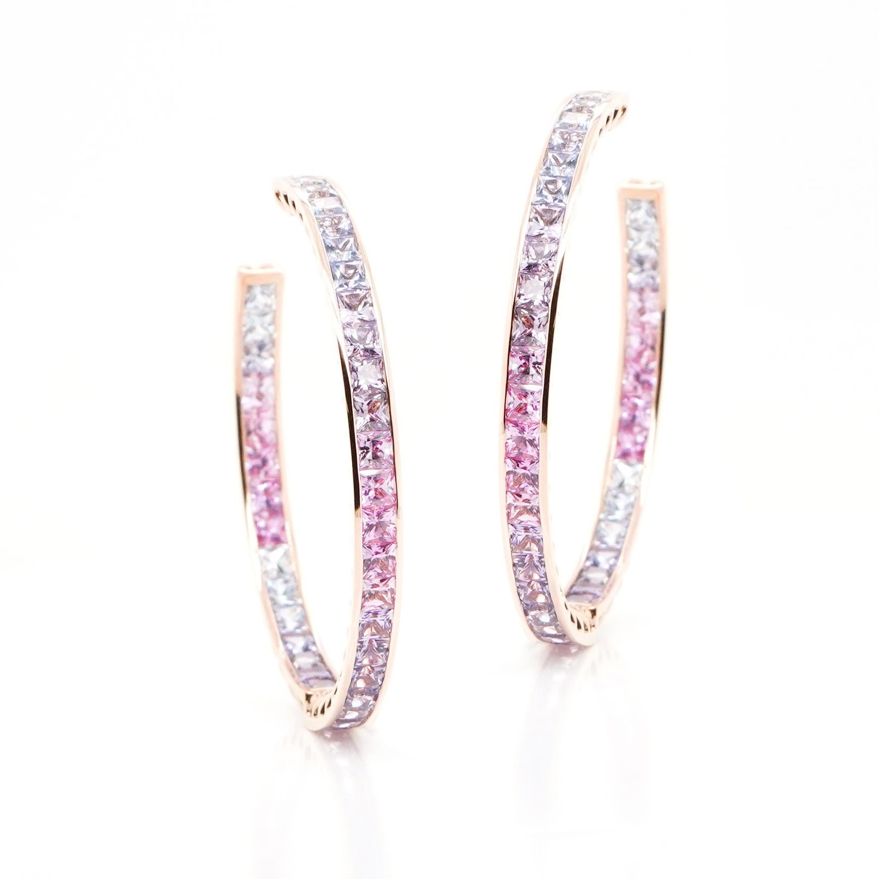 Princess Cut 18K Rose Gold And Sapphire Loop Earrings 10.96 ct. For Sale