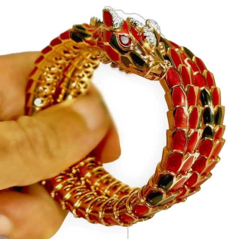 Women's 18k Rose Gold and Silver Italian Dragon Bracelet with Rubies and Diamonds