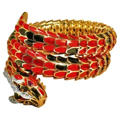 18k Rose Gold and Silver Italian Dragon Bracelet with Rubies and Diamonds