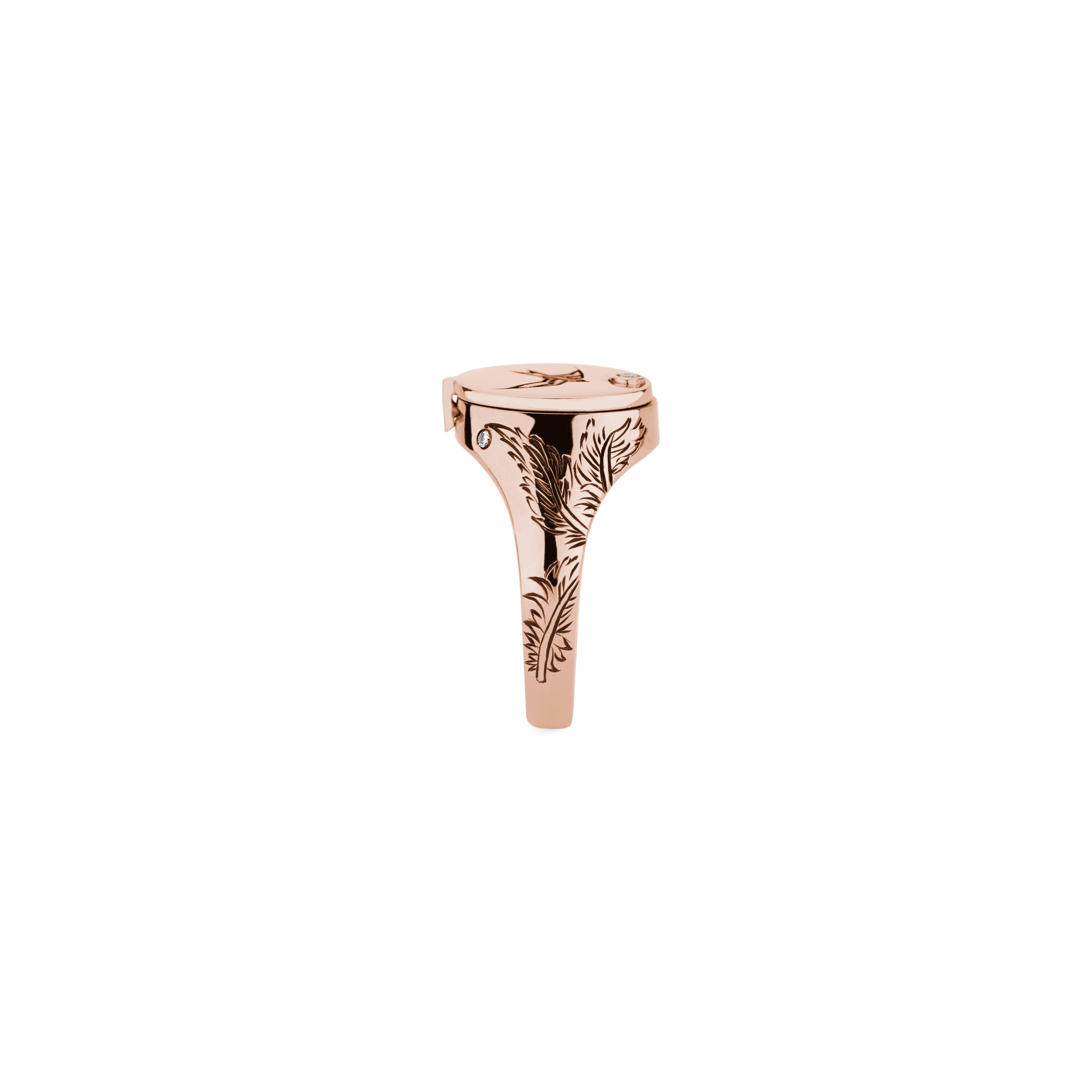 Victorian 18k Rose Gold and White Diamond Nightingale Conservatory Signet Ring For Sale