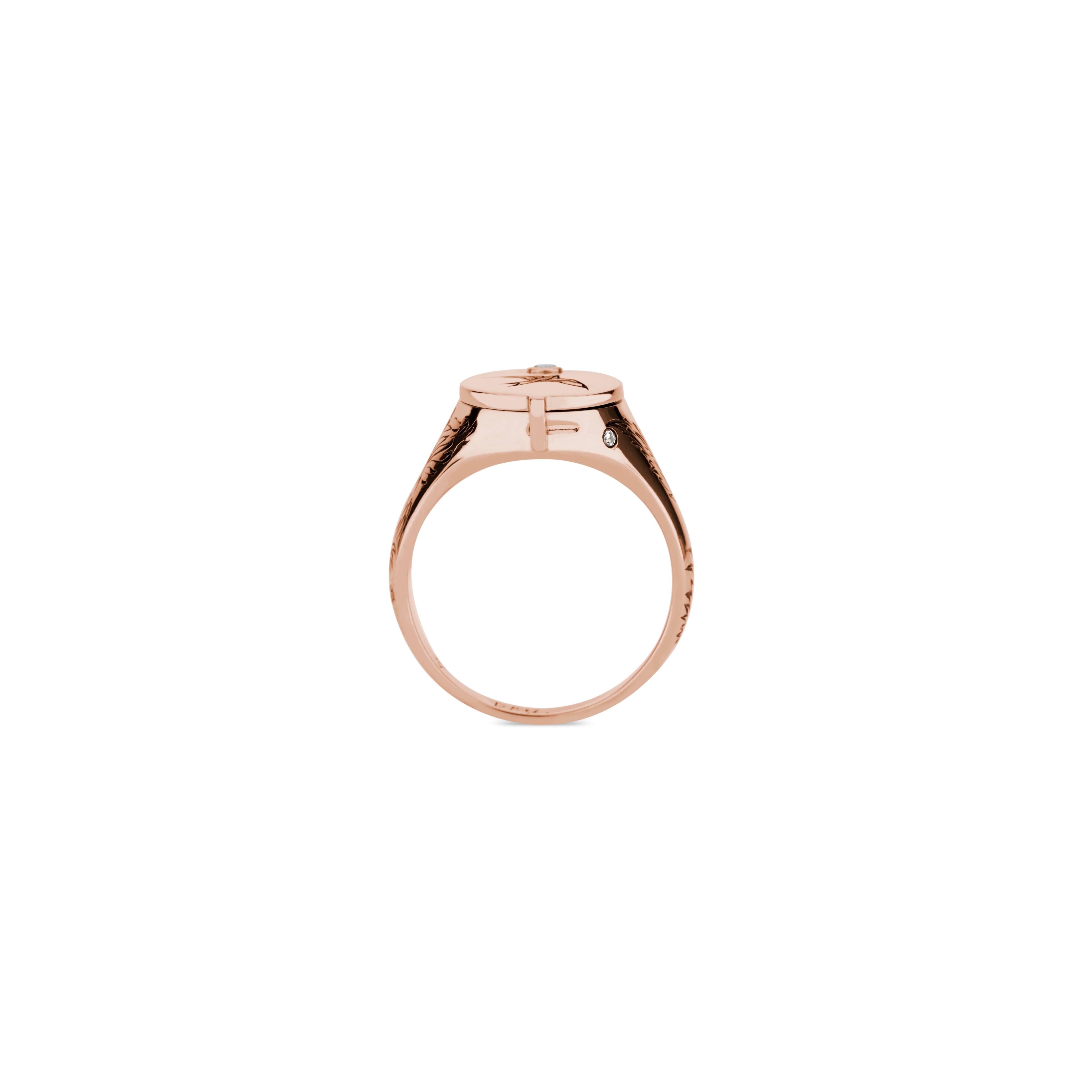 Round Cut 18k Rose Gold and White Diamond Nightingale Conservatory Signet Ring For Sale