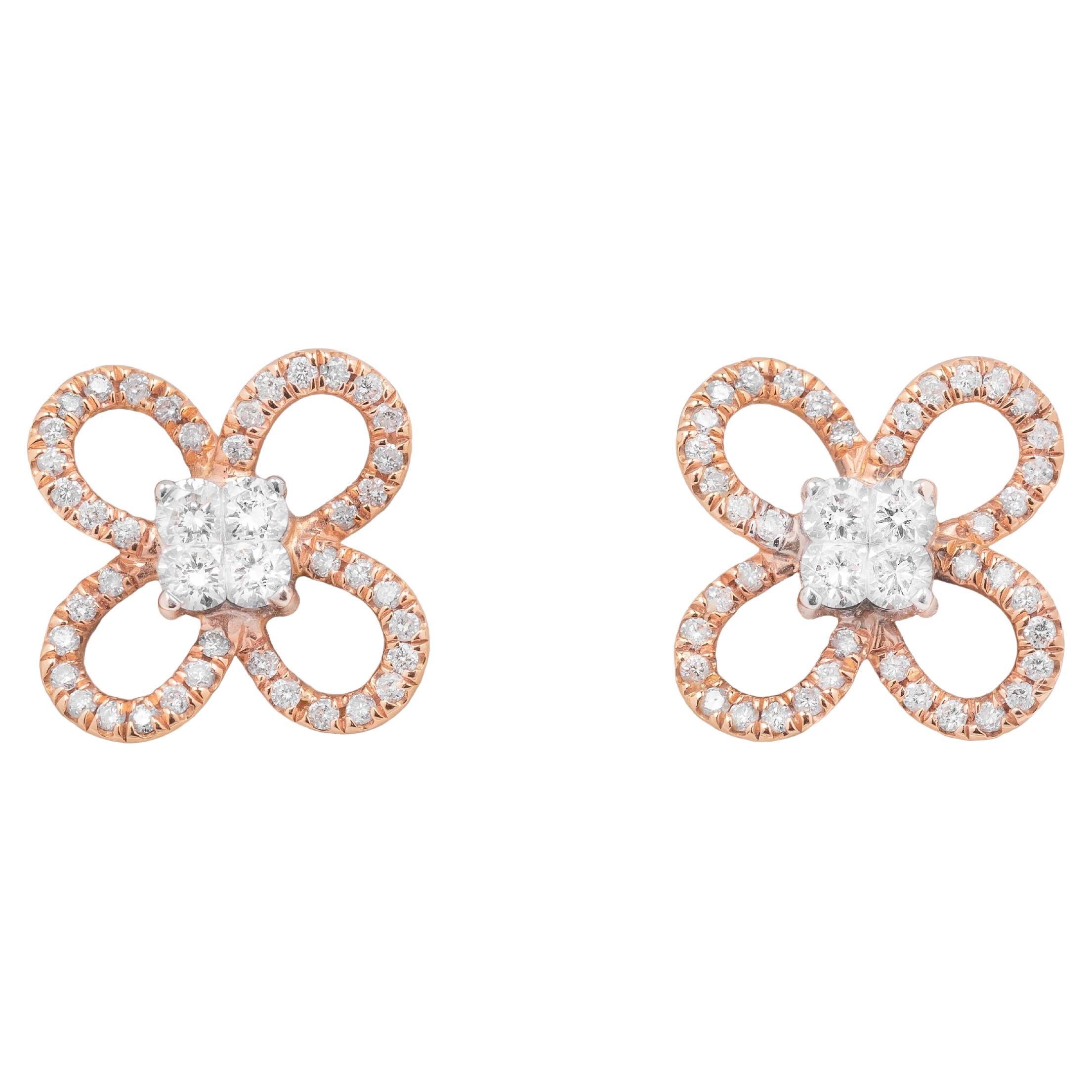 Diamond and Rose Gold Flower Stud Earrings For Sale at 1stDibs