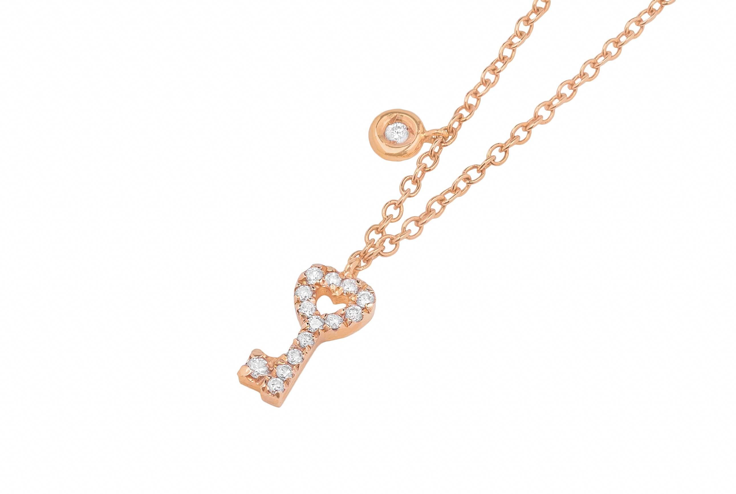 Contemporary 18k Rose Gold and White Diamonds Key Pendant Necklace For Sale