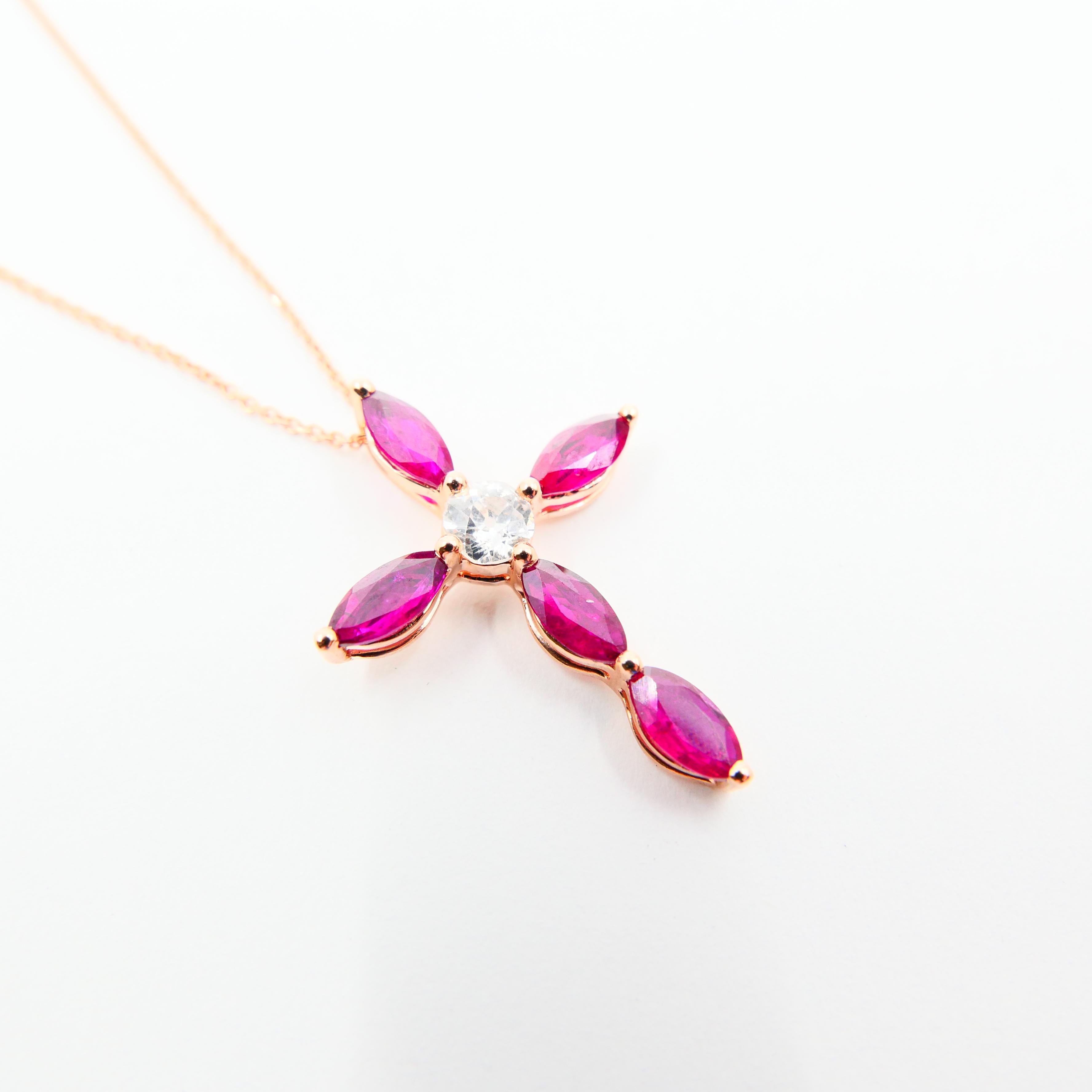 18 Karat Rose Gold, Antique Old Mine Cut Diamond and Burma Rubies Cross Pendant 5