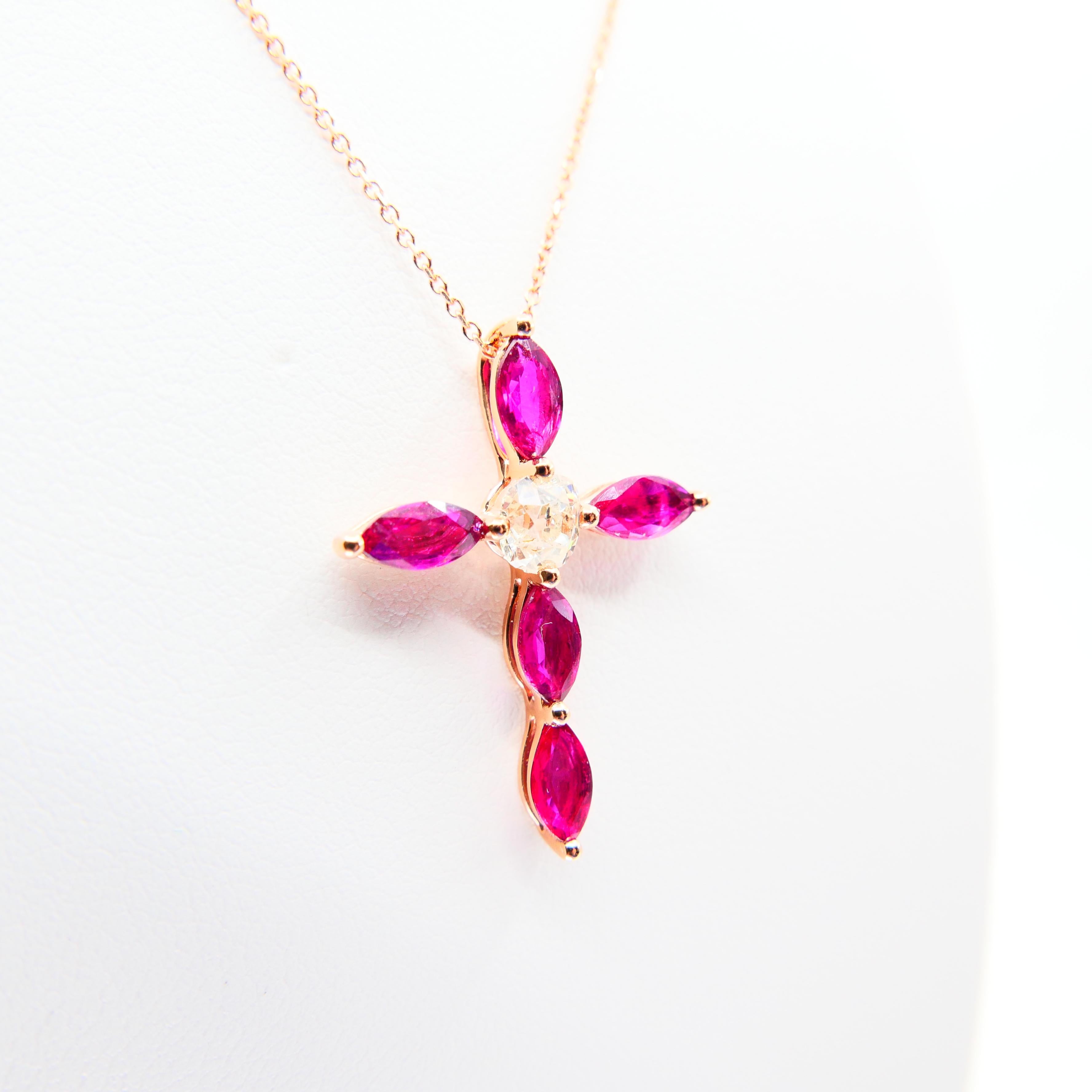 18 Karat Gold Old Mine Cut Diamond and Burma Rubies Cross Pendant Necklace For Sale 1