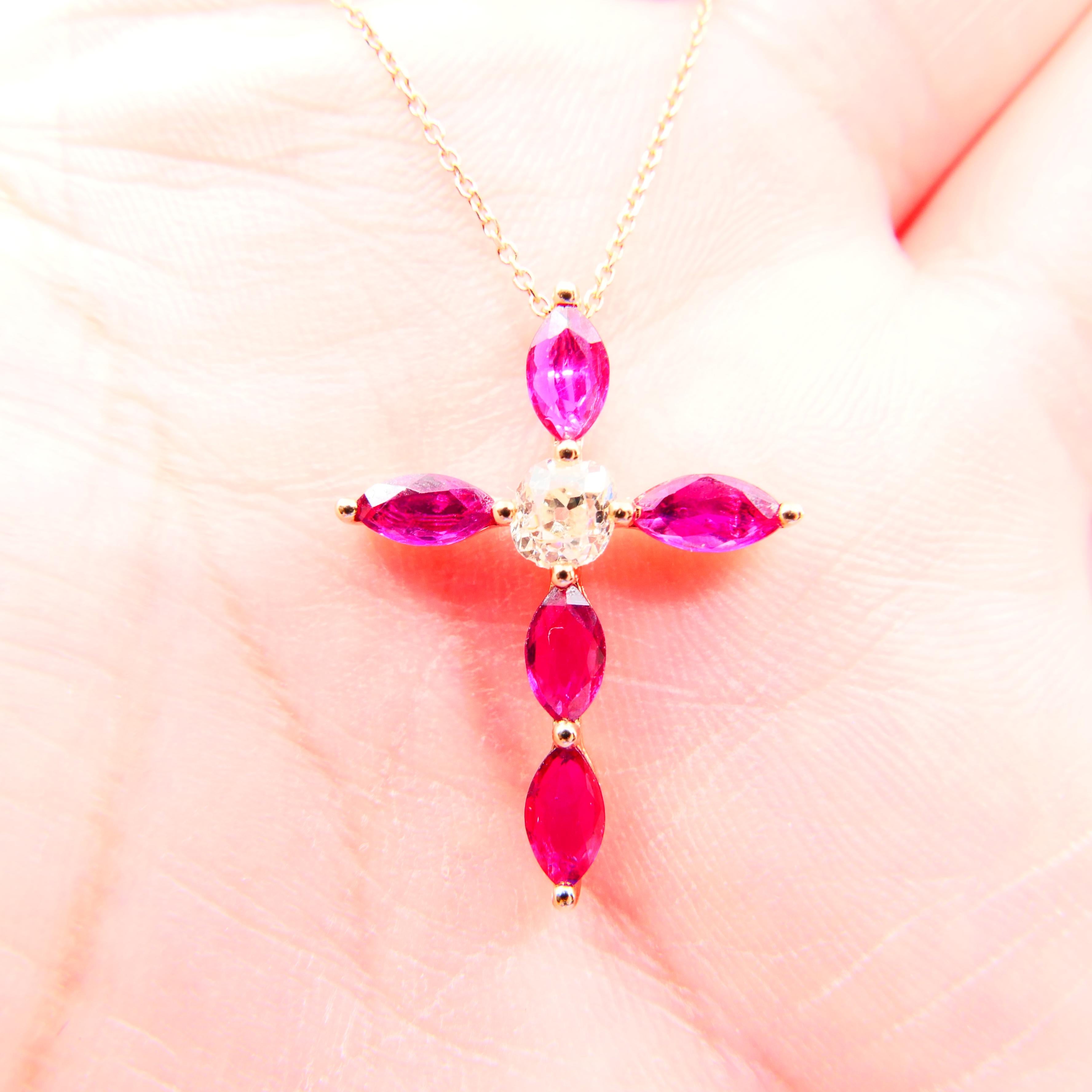 18 Karat Gold Old Mine Cut Diamond and Burma Rubies Cross Pendant Necklace 2