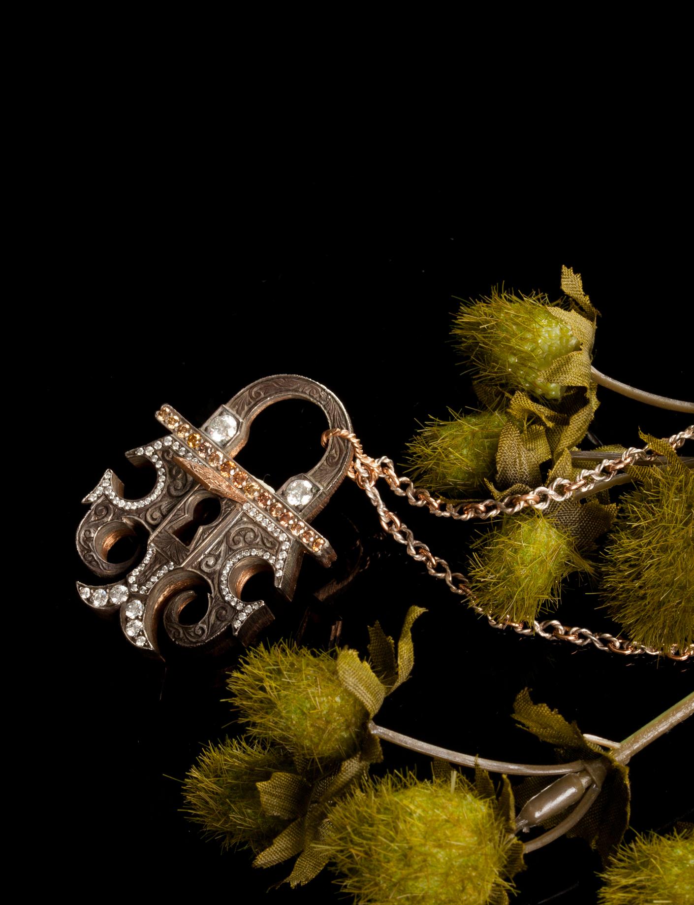 Modern 18 Karat Rose Gold Antique Padlock Necklace with 1.14 Carat White Diamonds For Sale