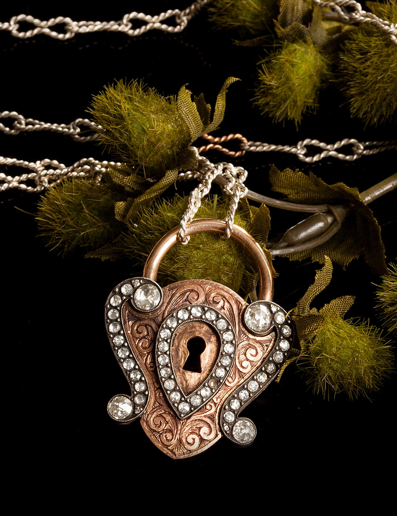Modern 18 Karat Rose Gold Antique Padlock Necklace with 1.84 Carat White Diamonds For Sale