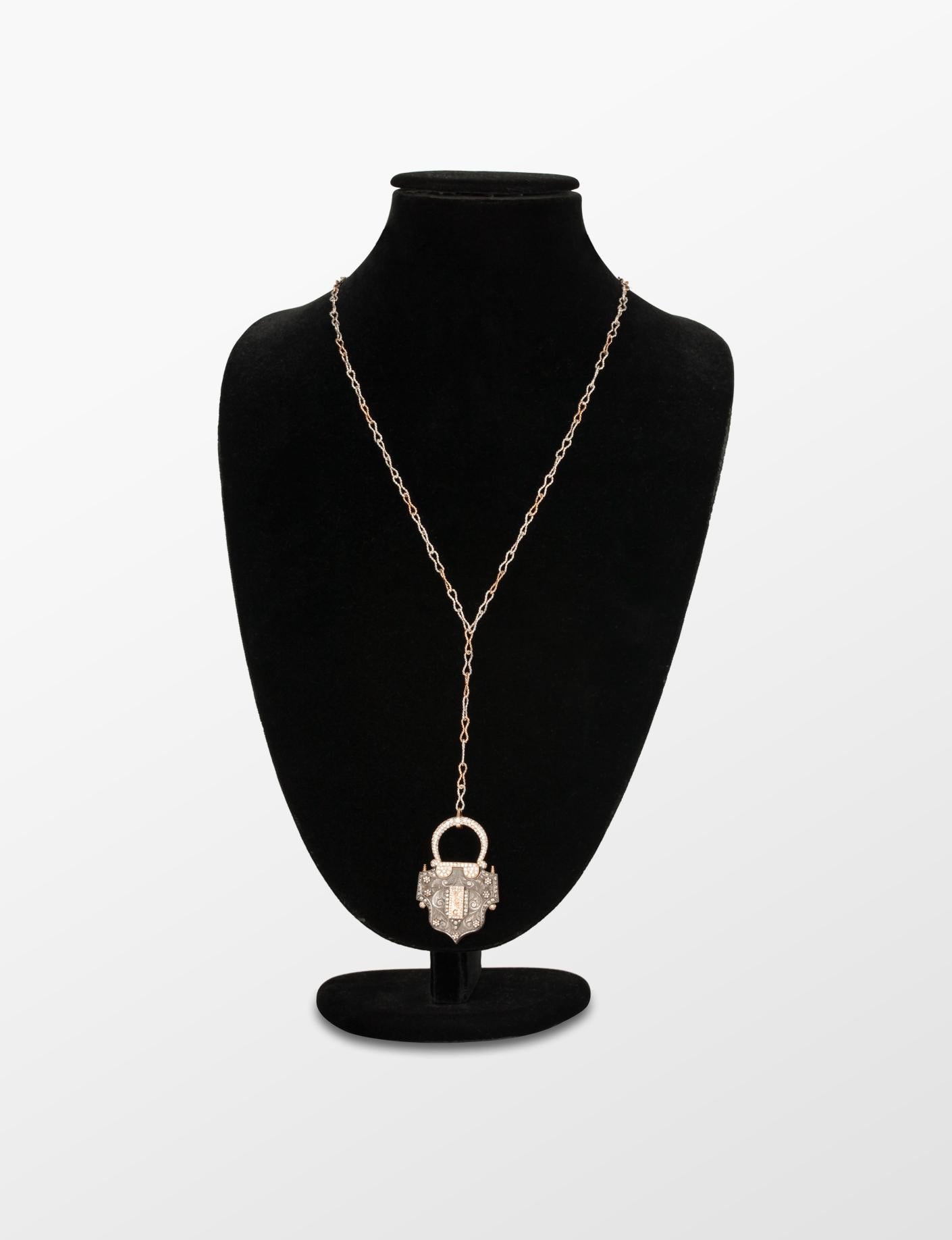 Modern 18 Karat Rose Gold Antique Padlock Necklace with 2.21 Carat White Diamonds For Sale