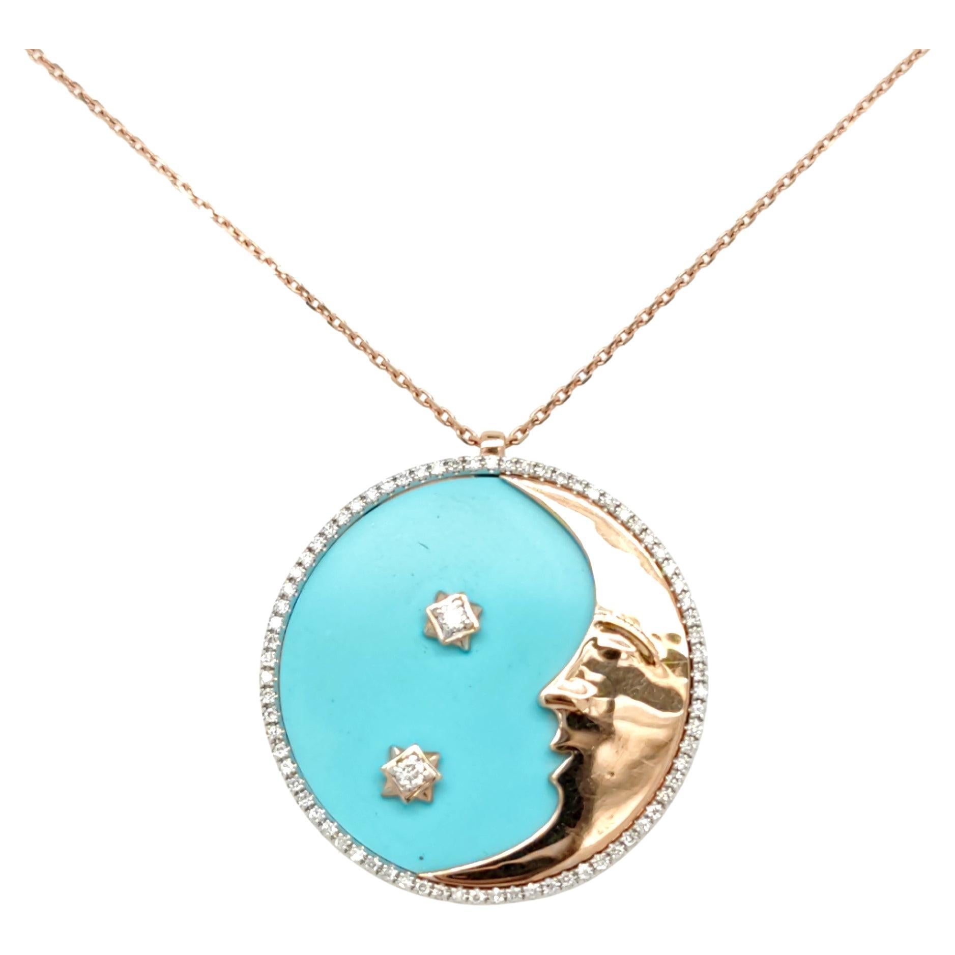 18K Rose Gold Aqua Blue Waxing Crescent Diamond Pendant Necklace with Turquoise For Sale