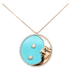 18K Rose Gold Aqua Blue Waxing Crescent Diamond Pendant Necklace with Turquoise