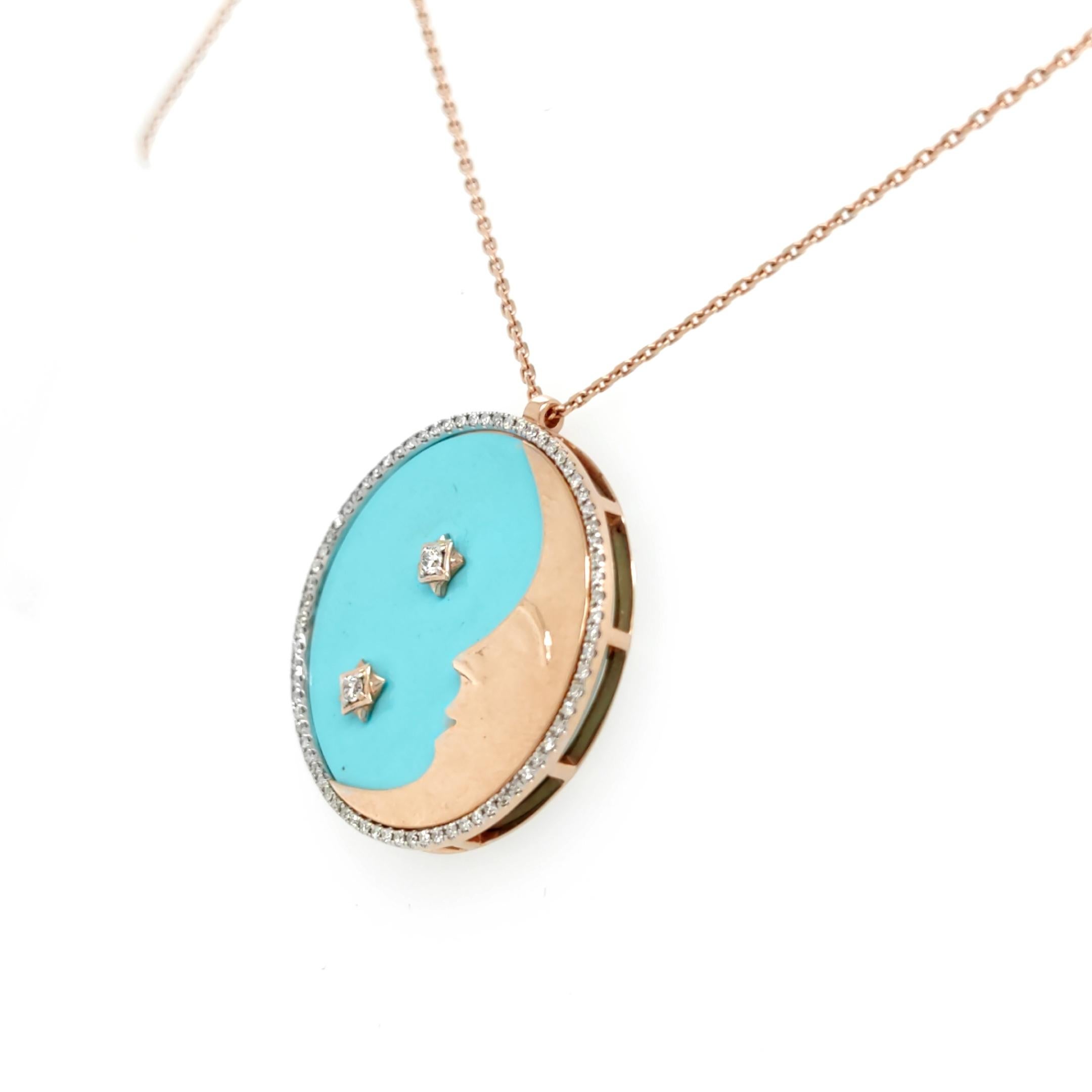 Colgante de oro rosa de 18 quilates con diamantes en forma de media luna encerada azul con color turquesa Moderno en venta