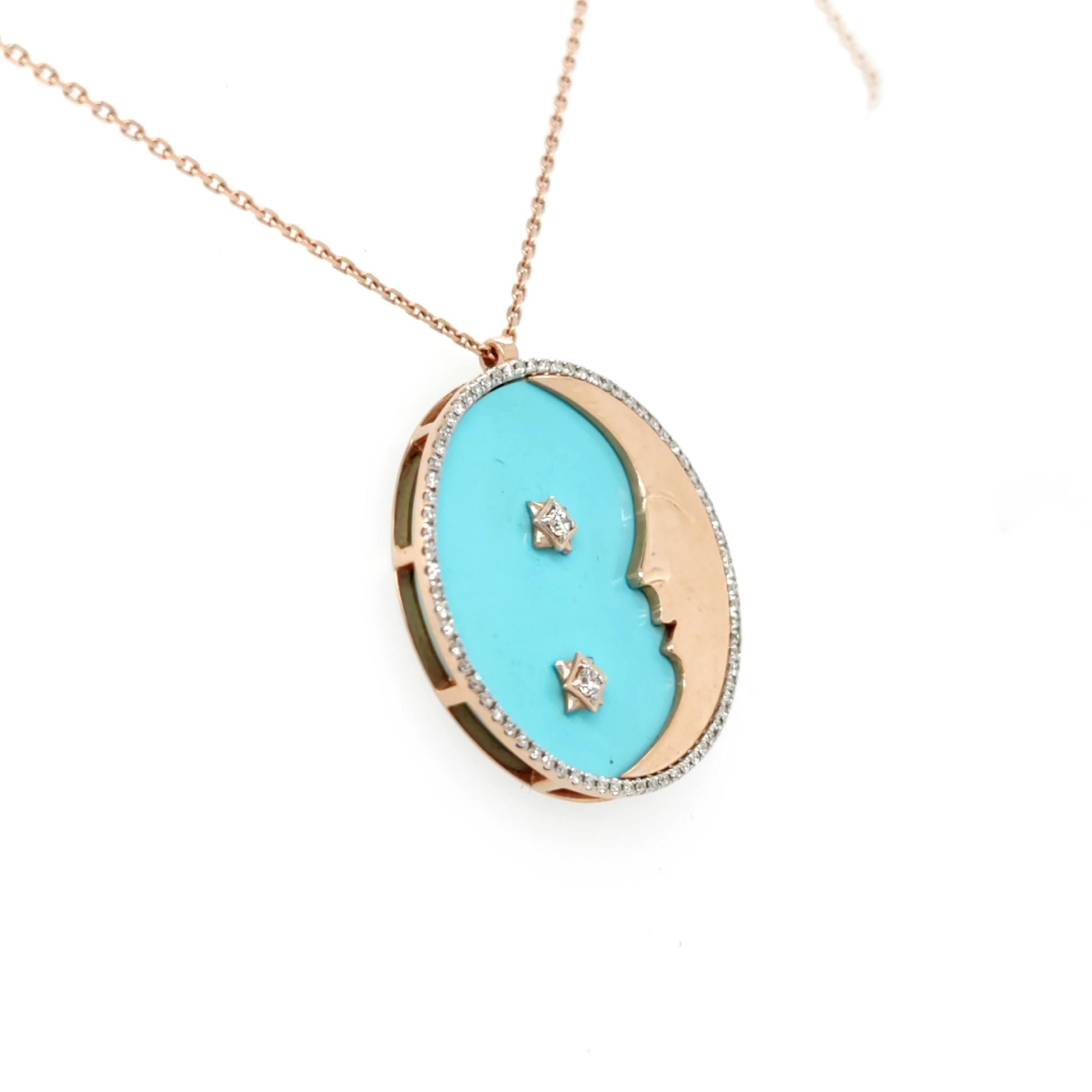 Colgante de oro rosa de 18 quilates con diamantes en forma de media luna encerada azul con color turquesa Corte redondo en venta