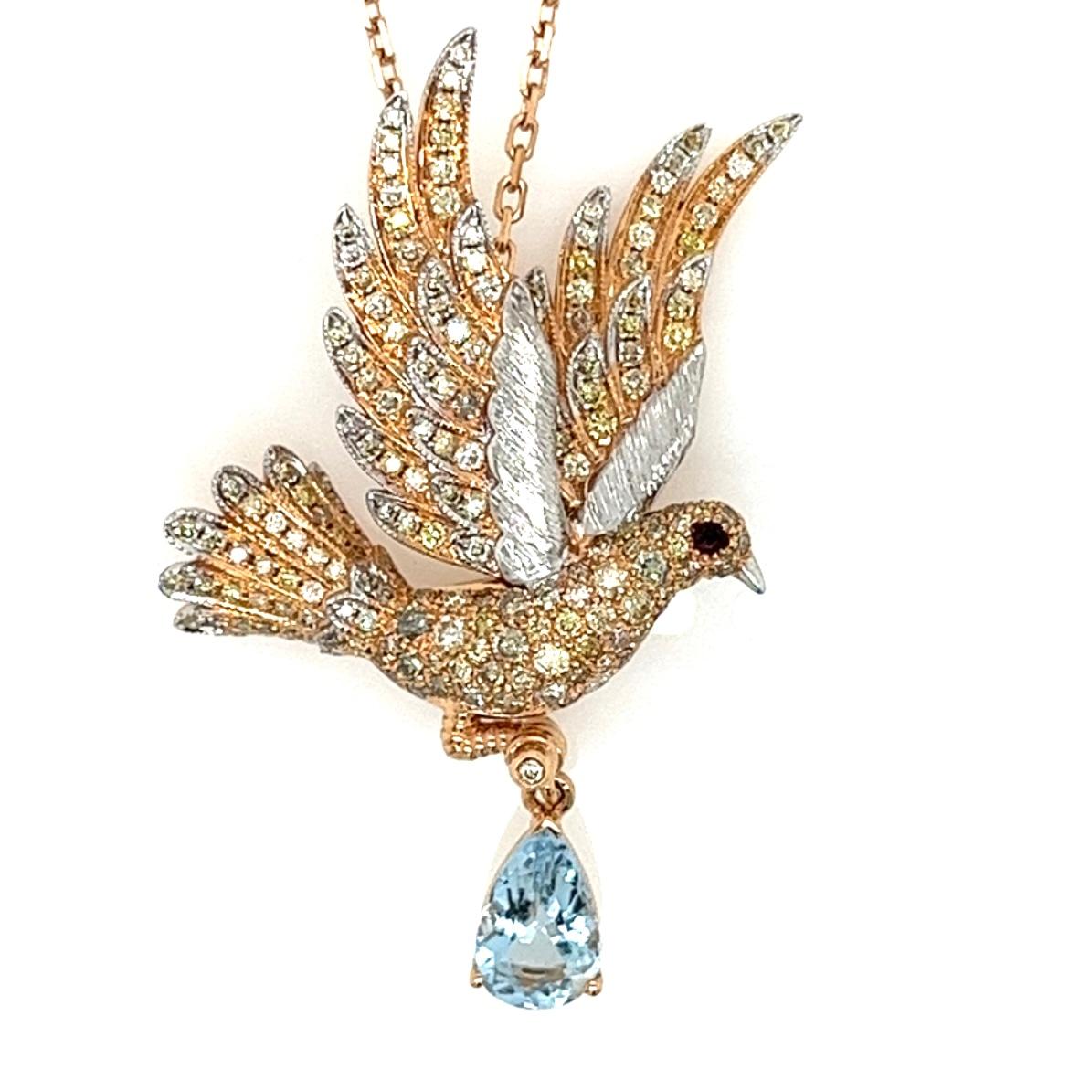 18K Rose Gold Aquamarine Bird & Stone Necklace with Diamonds

1 Aquamarine - 0.86 CT
189 Fancy Diamonds - 1.02 CT
1 Ruby - 0.02 CT
18K Rose Gold - 7.74 GM

This exquisite necklace is a true masterpiece of craftsmanship and design. Crafted in rich