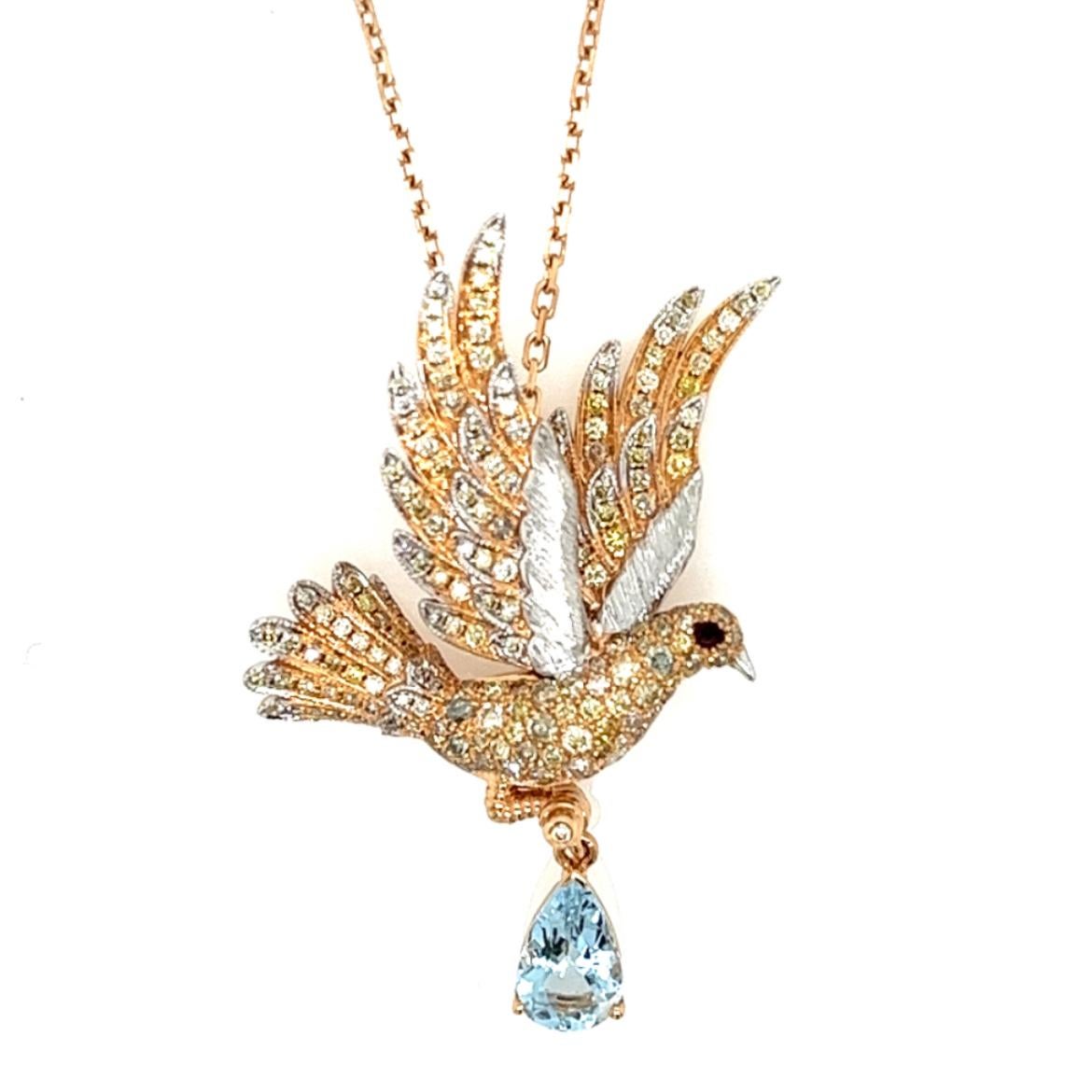 Modern 18K Rose Gold Aquamarine Bird & Stone Necklace with Diamonds For Sale