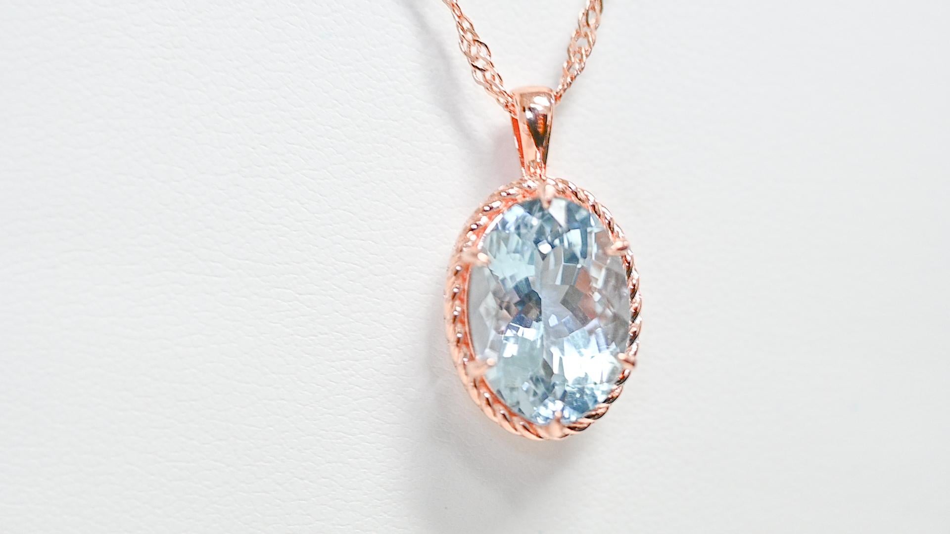 Oval Cut 18K Rose Gold Aquamarine Pendant Necklace 925 Sterling Silver Bridal Jewelry   For Sale