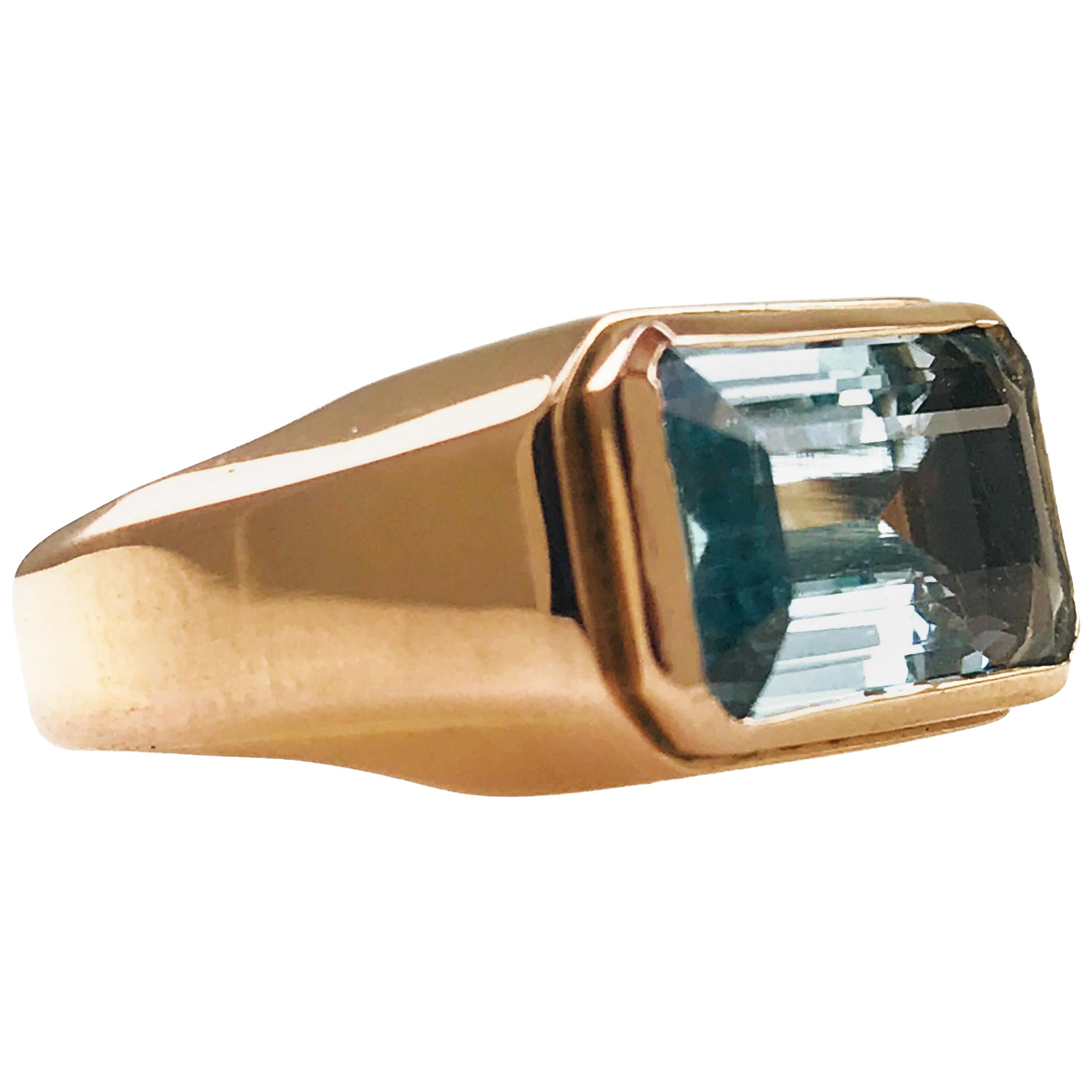 18K Rose Gold Aquamarine Ring, 7.5ct Emerald-Cut, USA, Circa 1950