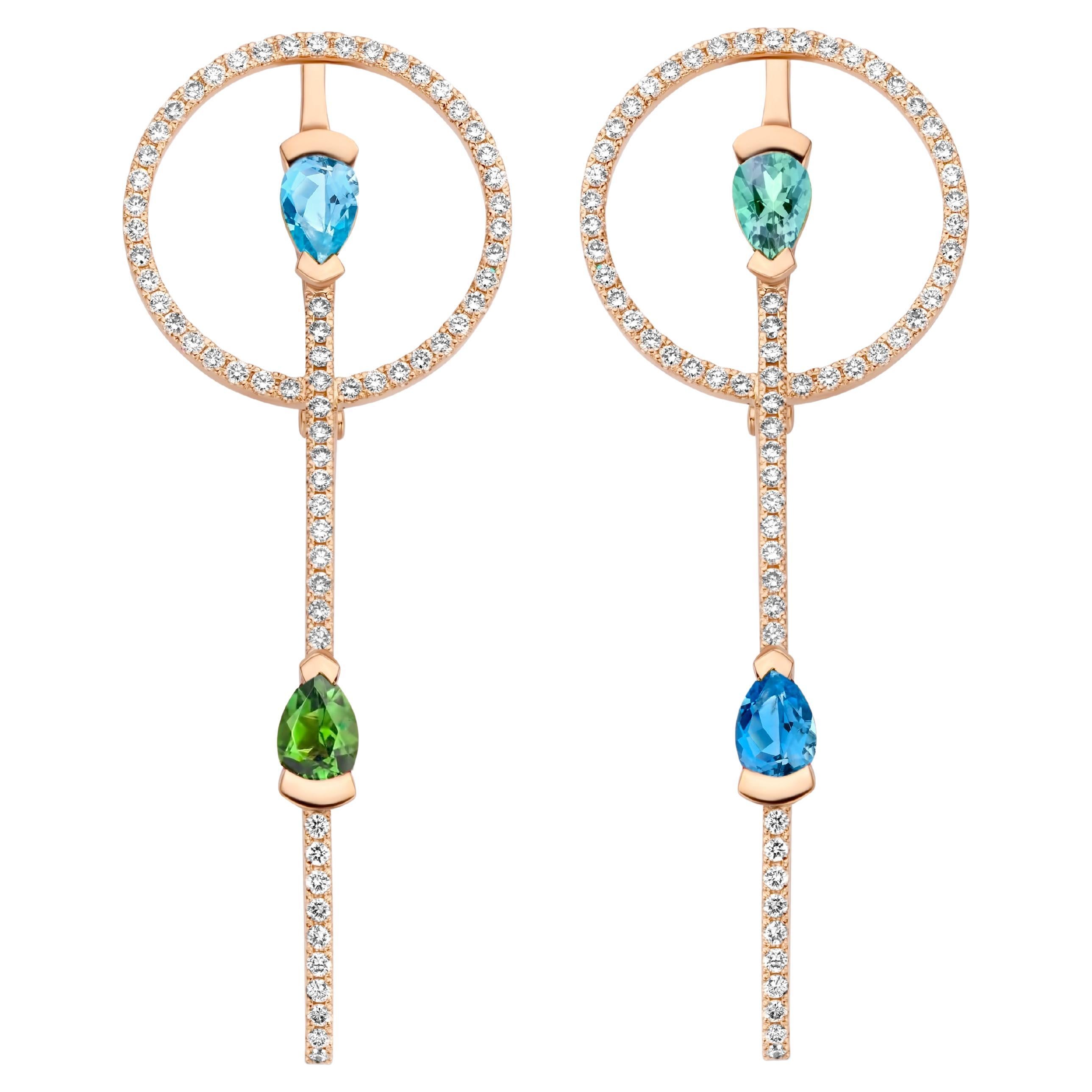 18k Rose Gold Aquamarine, Tourmaline and Diamond Round Earrings For Sale