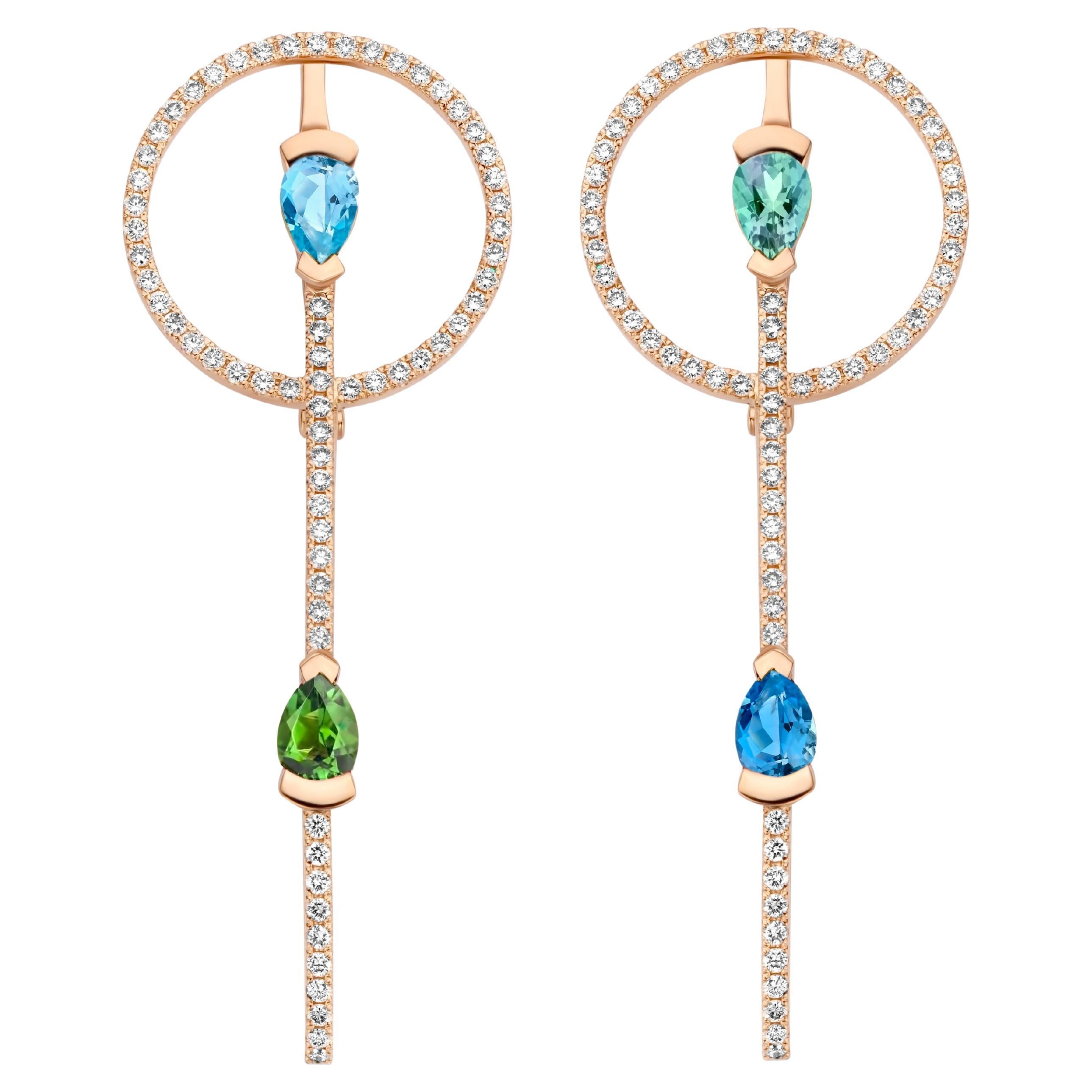 18k Rose Gold Aquamarine, Tourmaline and Diamond Round Earrings