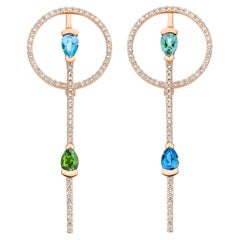 18k Rose Gold Aquamarine, Tourmaline and Diamond Round Earrings