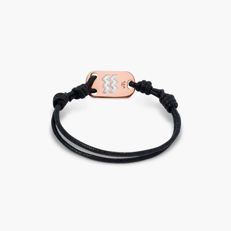 18K Rose Gold Aquarius Bracelet with Black Cord

The Aquarius star sign stands out in rose gold against effortless black cord for a bracelet that makes the perfect, personal birthday gift, or treat for yourself.

Additional Information
Material: 18K