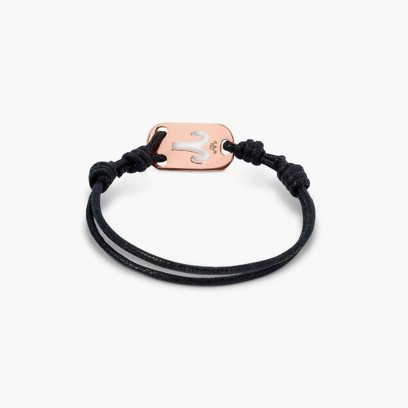 18K Rose Gold Aries Bracelet with Black Cord

The Aries star sign stands out in rose gold against effortless black cord for a bracelet that makes the perfect, personal birthday gift, or treat for yourself.

Additional Information
Material: 18K gold,