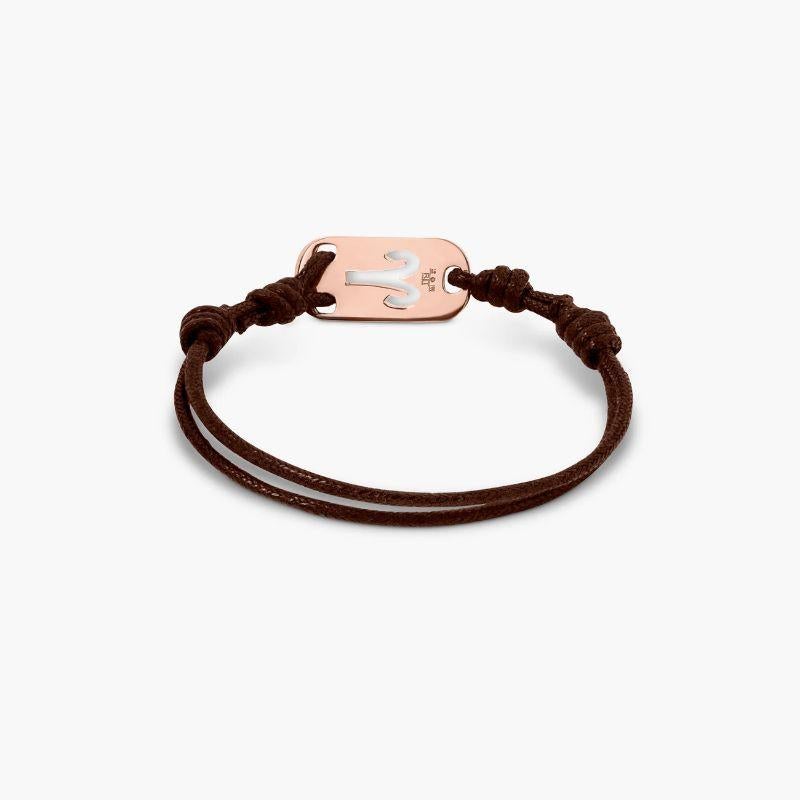 18K Rose Gold Aries Bracelet with Brown Cord

The Aries star sign stands out in rose gold against effortless brown cord for a bracelet that makes the perfect, personal birthday gift, or treat for yourself.

Additional Information
Material: 18K gold,