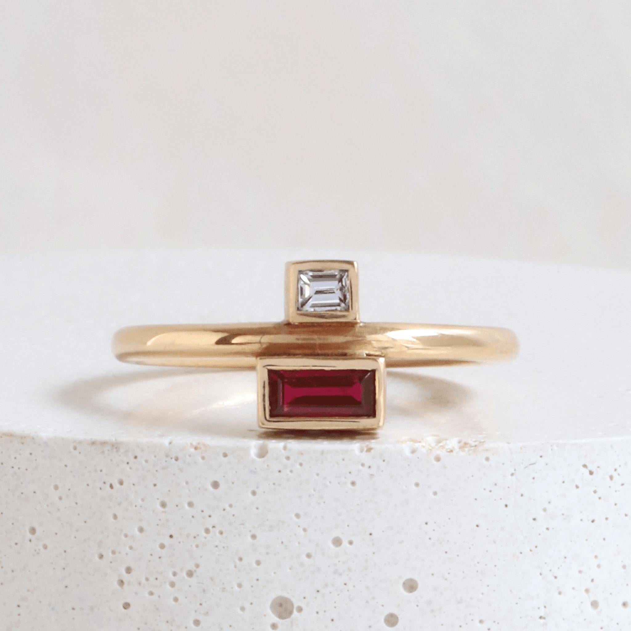 Ready to wear for any occasion, this contemporary piece is Art Deco inspired and minimalist in design. A richly toned rectangular ruby is complemented with a dainty baguette diamond. Set around a simple 18 karat recycled rose gold band, an