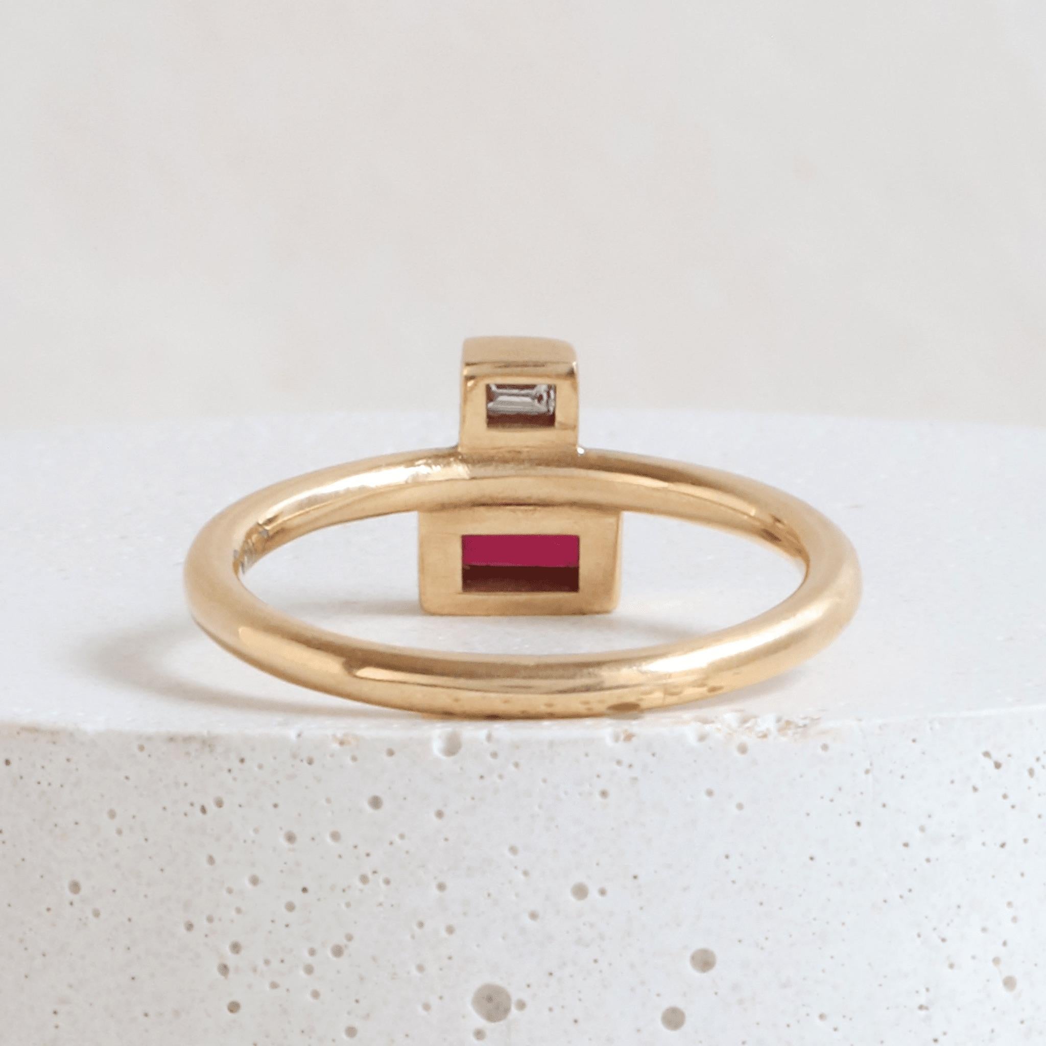 18k Rose Gold Art Deco Baguette Ruby & Diamond Ring For Sale 2
