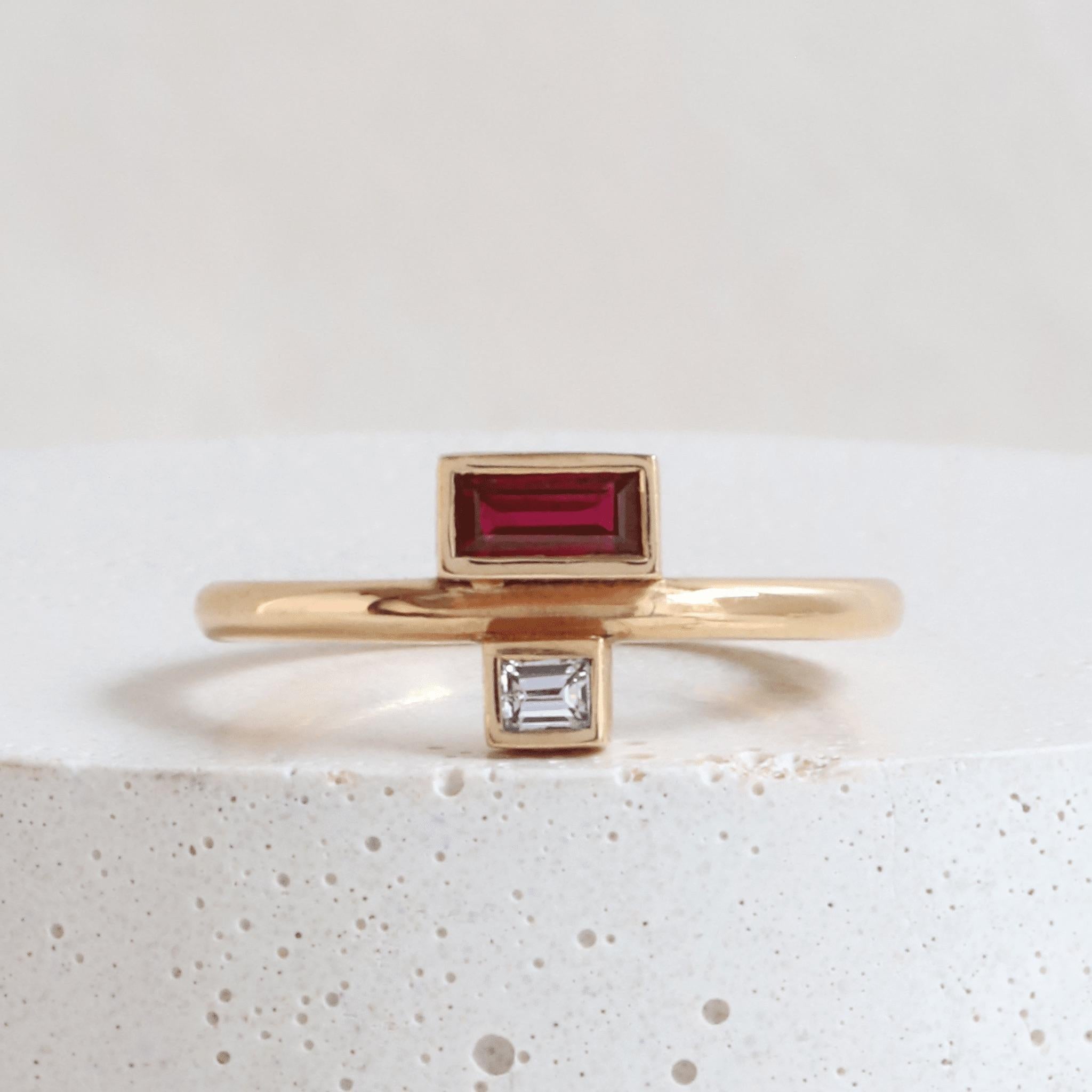18k Rose Gold Art Deco Baguette Ruby & Diamond Ring For Sale 3