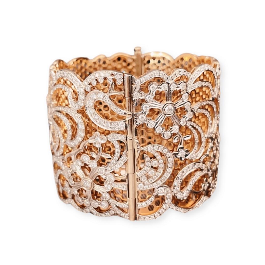 Round Cut 18k Rose Gold Art Deco Style Cuff Bracelet For Sale