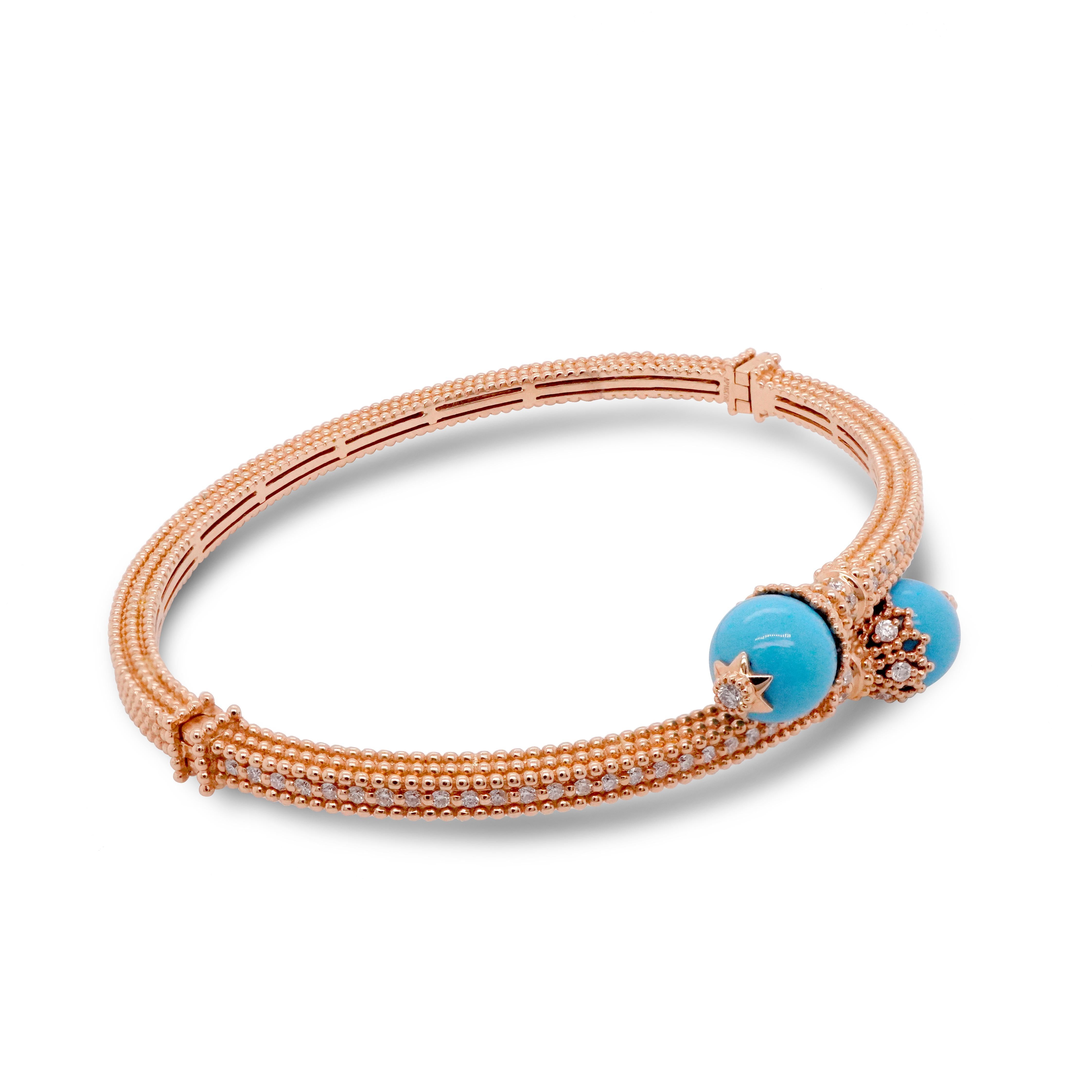 18K Rose Gold Art Deco Diamond Bangle

18K Rose Gold - 19.28 GM
76 Diamonds - 0.75 CT
2 Synthetic Turquoises - 0.8 GM

The details of this bangle will surely amaze you. When modern design meets Art Deco, it's more than a bangle. It's a piece of art
