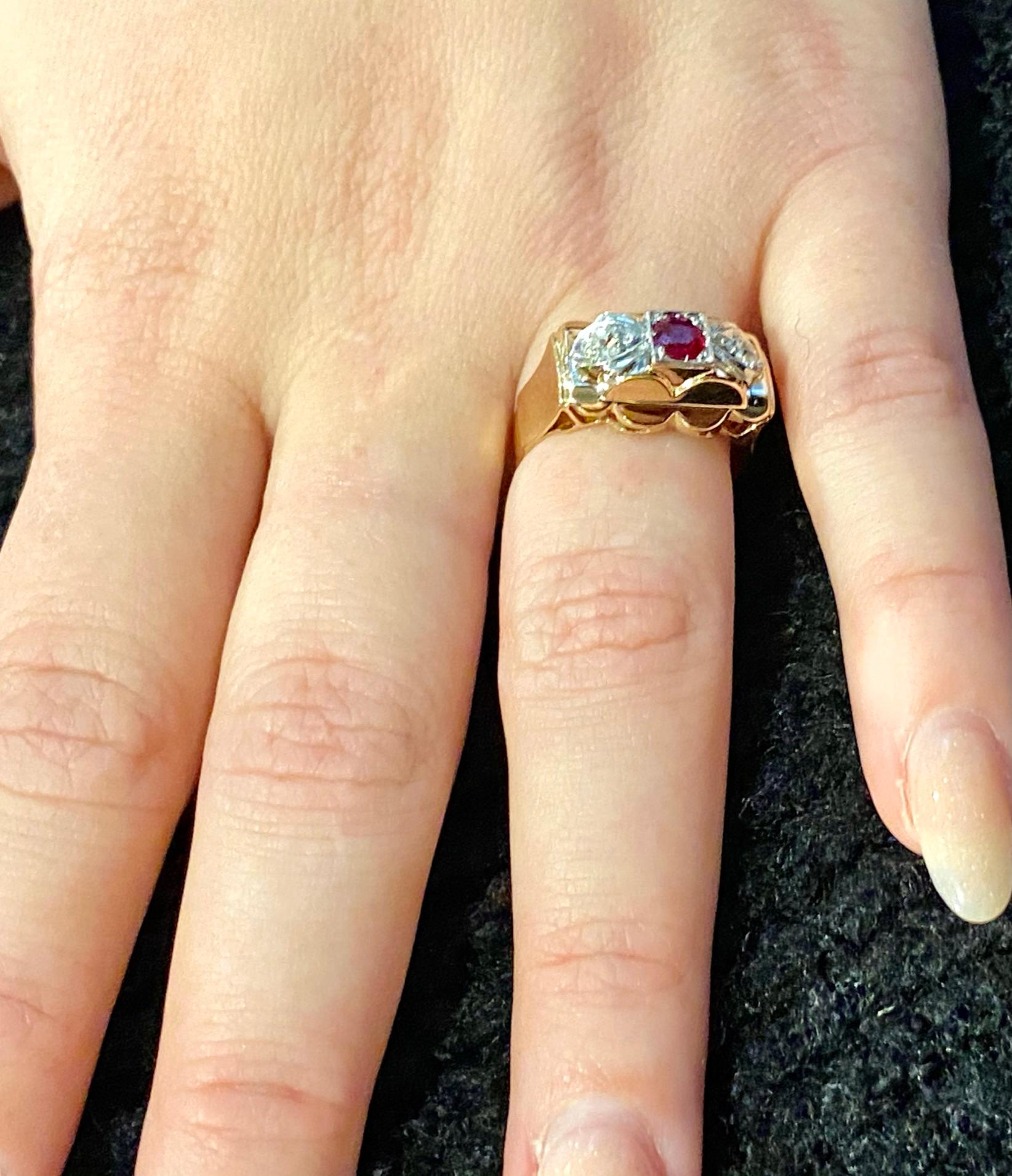 18 Karat Rose Gold Art Deco Ring with Ruby and Diamonds, Belgium, 1930 1