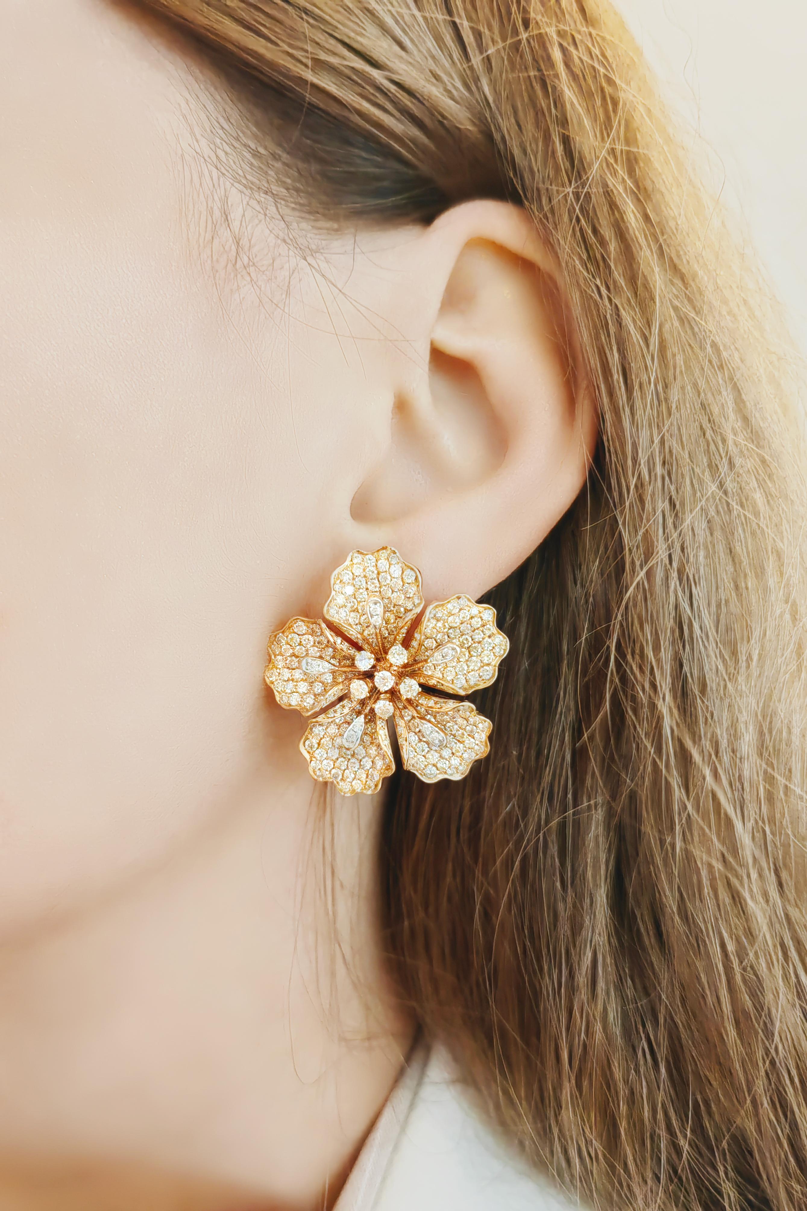 Modern 18K Rose Gold Azalea Flower Colored Diamond Earrings For Sale