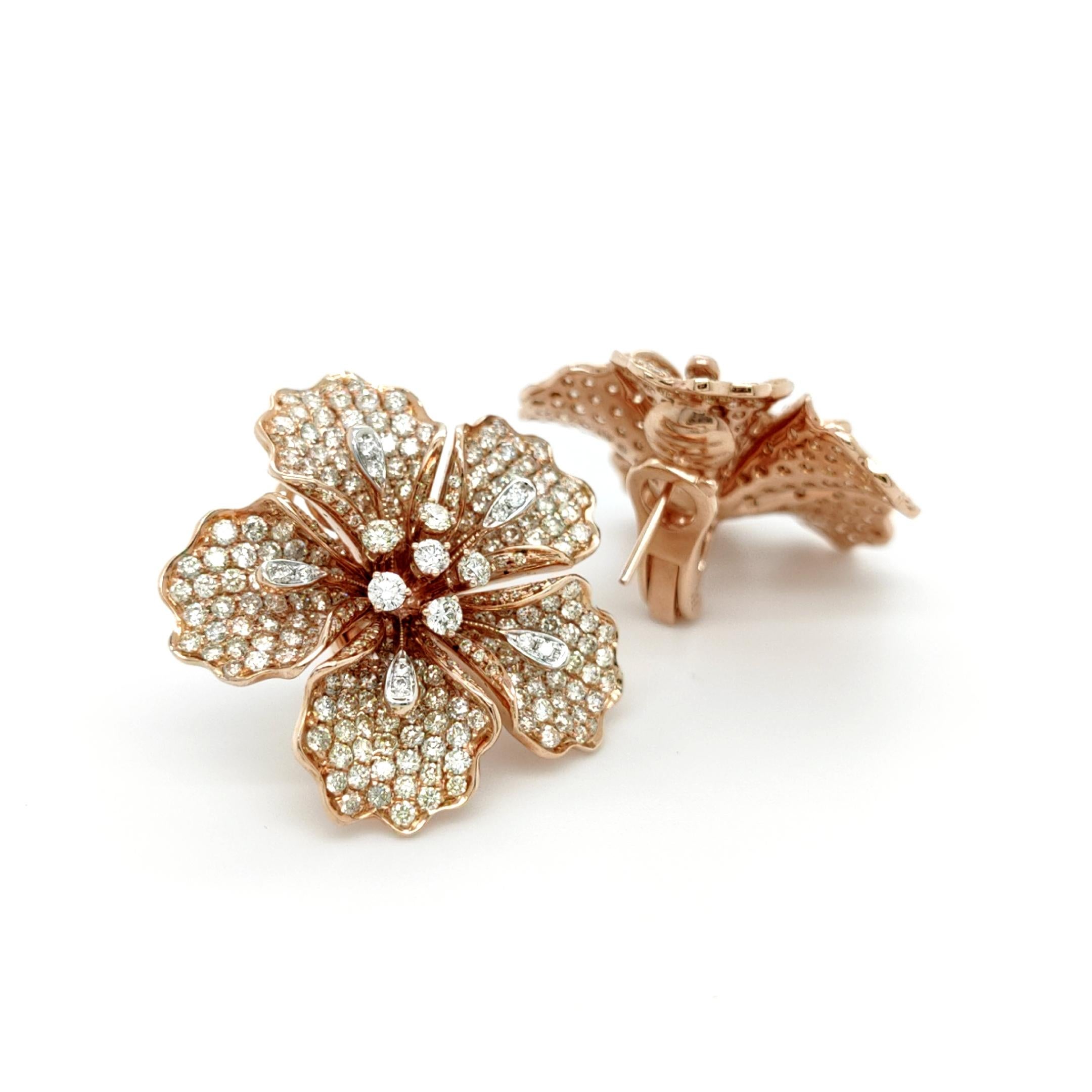 18K Rose Gold Azalea Flower Colored Diamond Earrings In New Condition For Sale In Hong Kong, HK