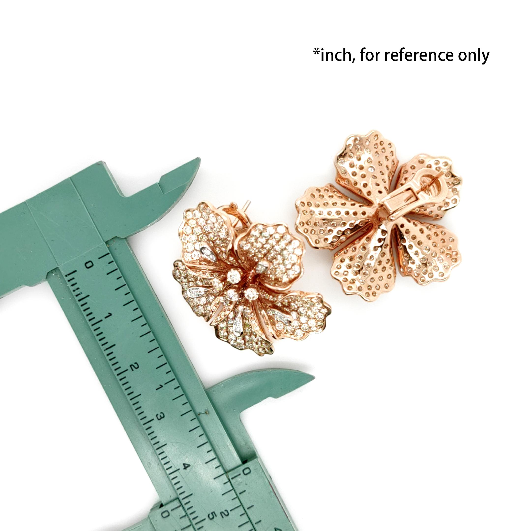 Women's or Men's 18K Rose Gold Azalea Flower Colored Diamond Earrings For Sale