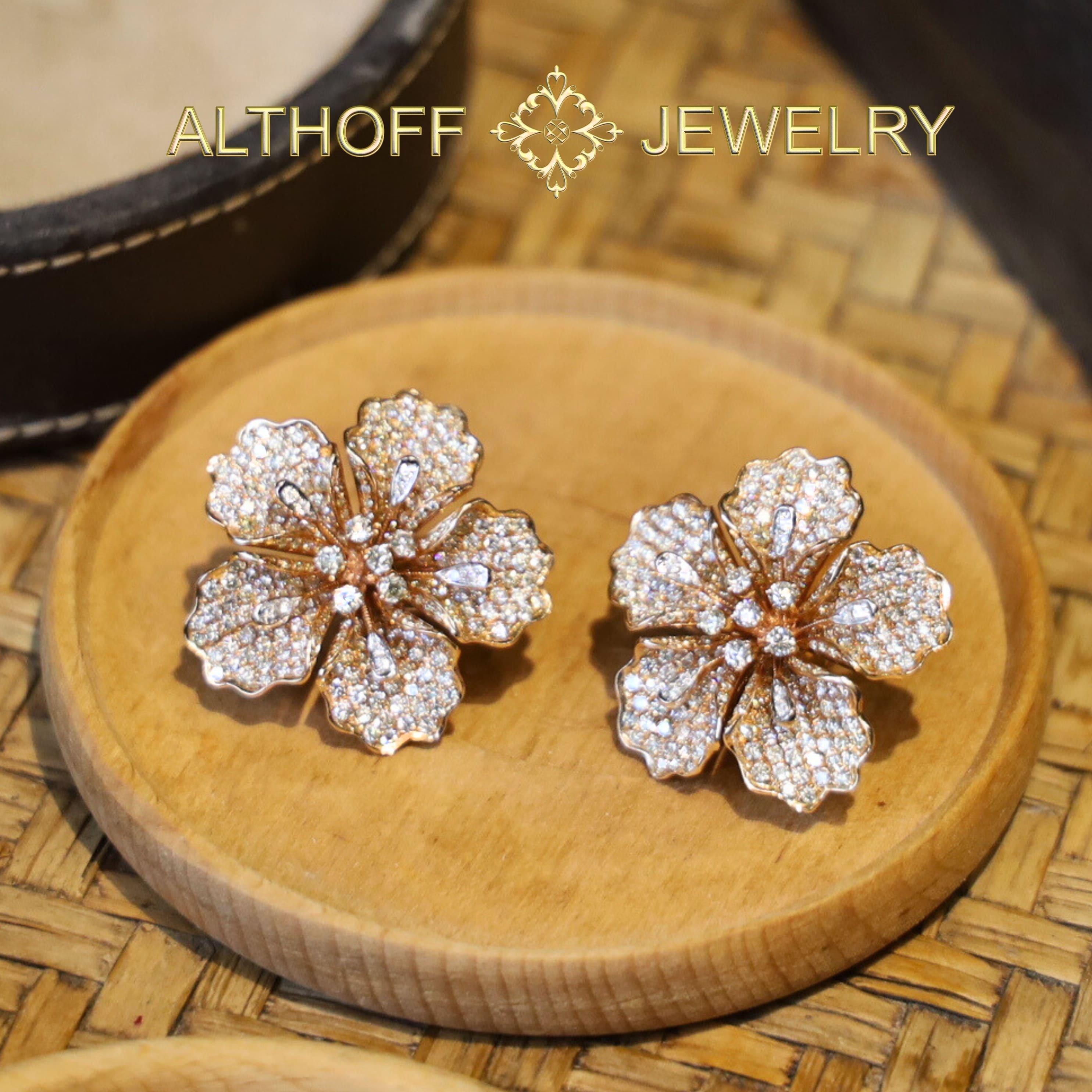 18K Rose Gold Azalea Flower Colored Diamond Earrings For Sale 1