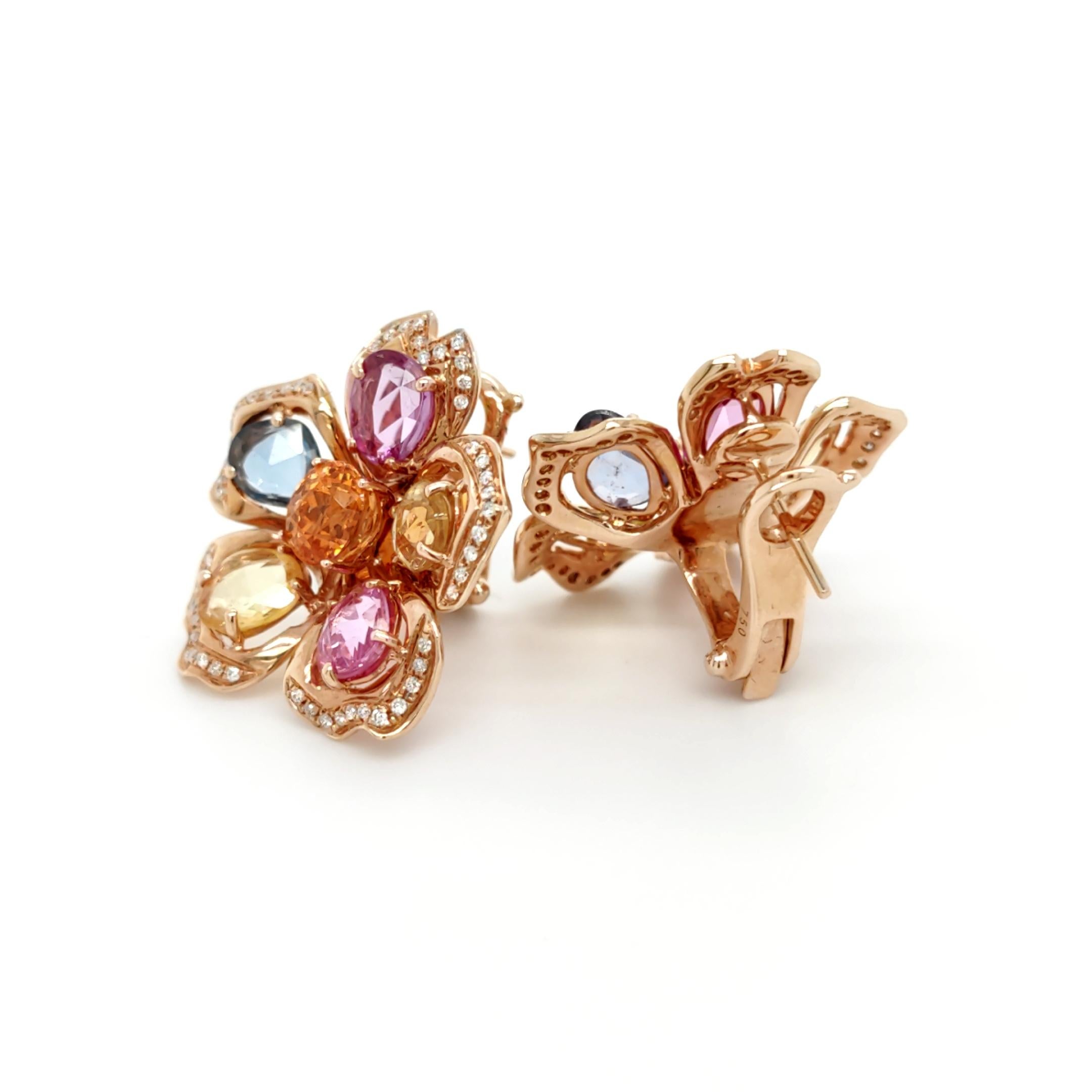 Modern 18K Rose Gold Azalea Flower Mandarin Tourmaline Colored Diamond Earrings For Sale