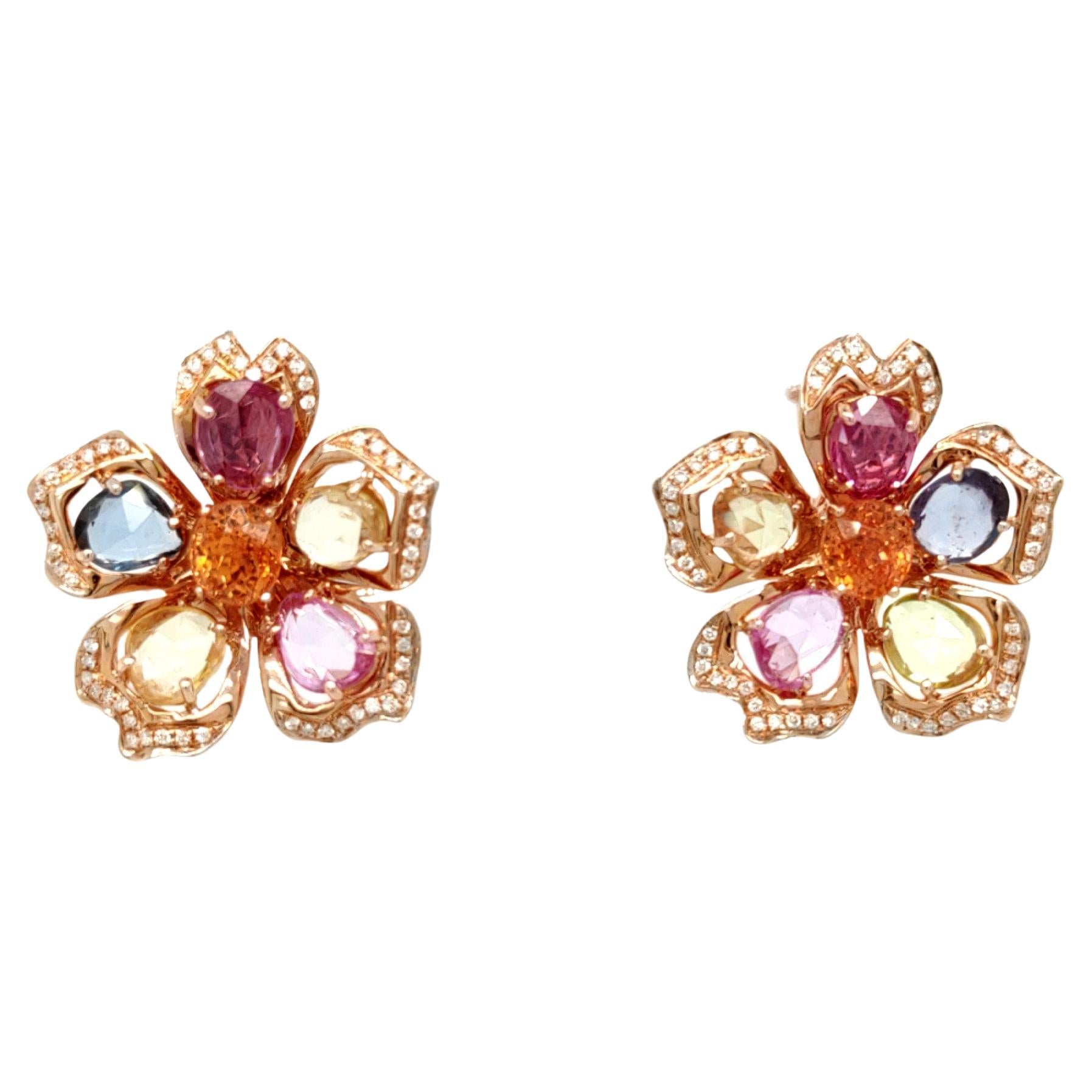 18K Rose Gold Azalea Flower Mandarin Tourmaline Colored Diamond Earrings For Sale
