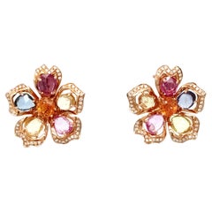 Boucles d'oreilles en or rose 18 carats avec fleur d'azalea et diamants de couleur tourmaline mandarine