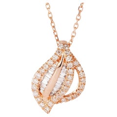 18K Rose Gold Baguette Diamond Leaf Pendant Necklace