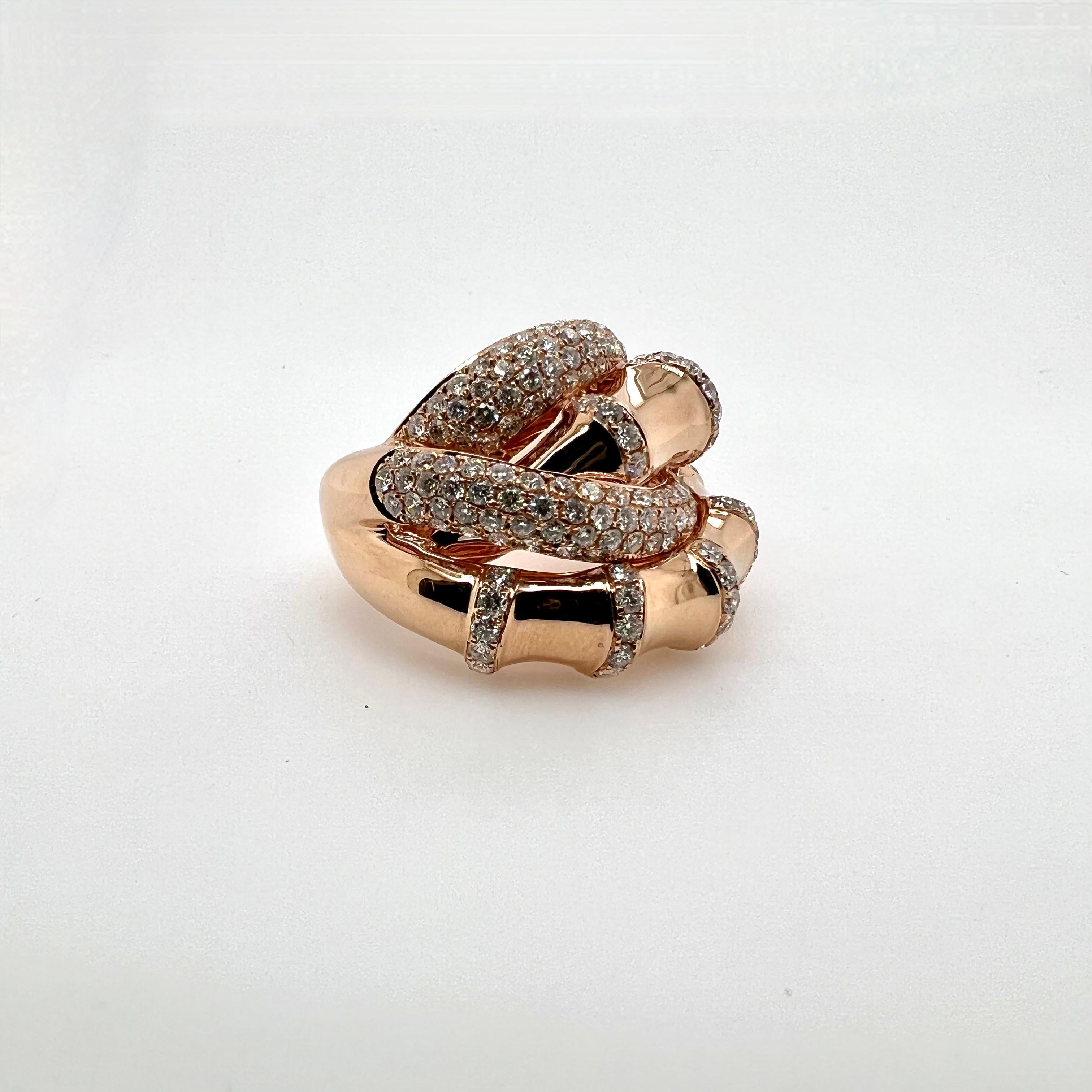 18k Rose Gold Bamboo Style Diamond Cocktail Ring Band In New Condition In Carrollton, TX
